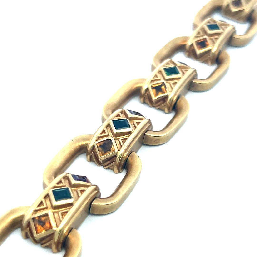 Vintage 18K Yellow Gold Bold Link Bracelet with 1 Carat Synthetic Stones