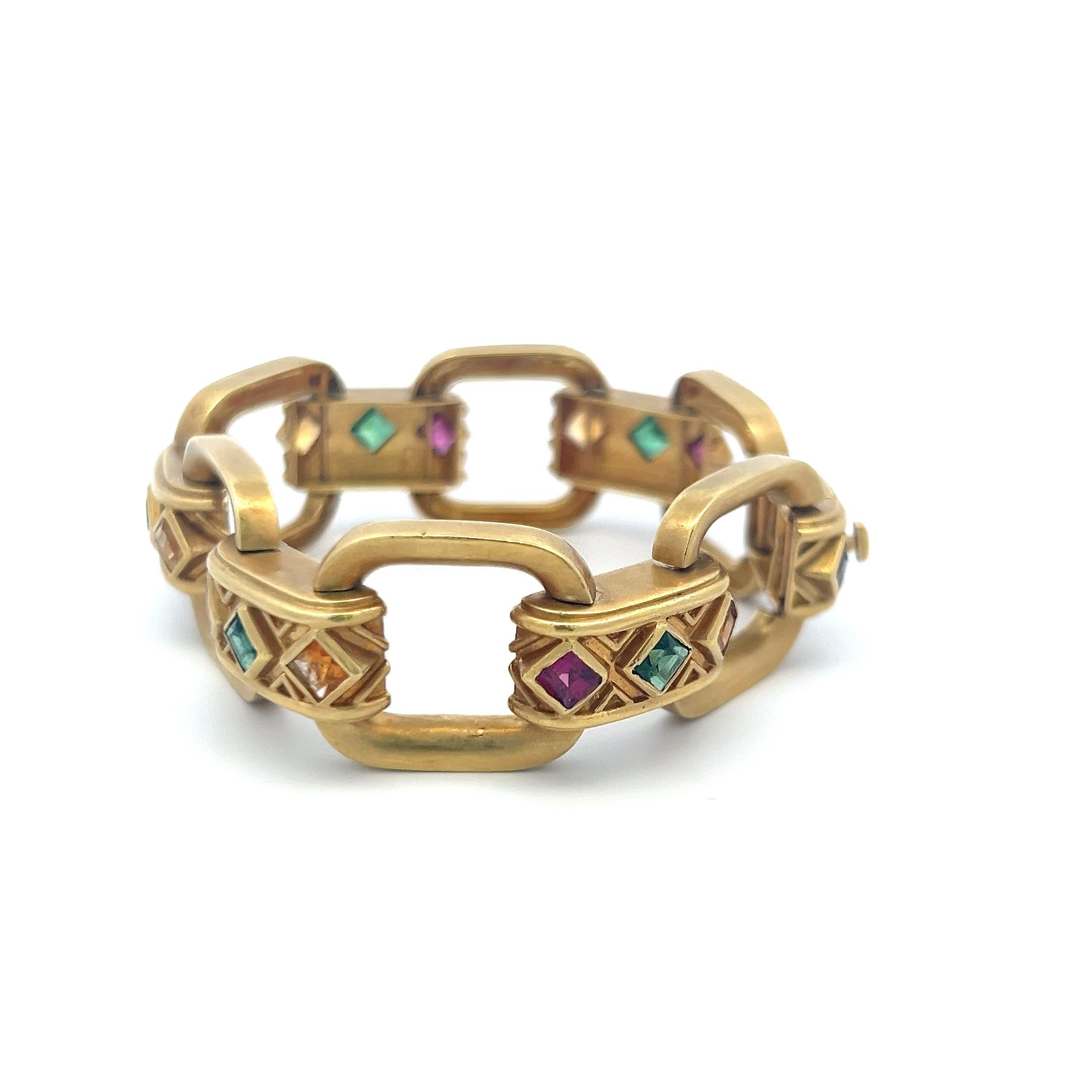 Vintage 18K Yellow Gold Bold Link Bracelet with 1 Carat Synthetic Stones