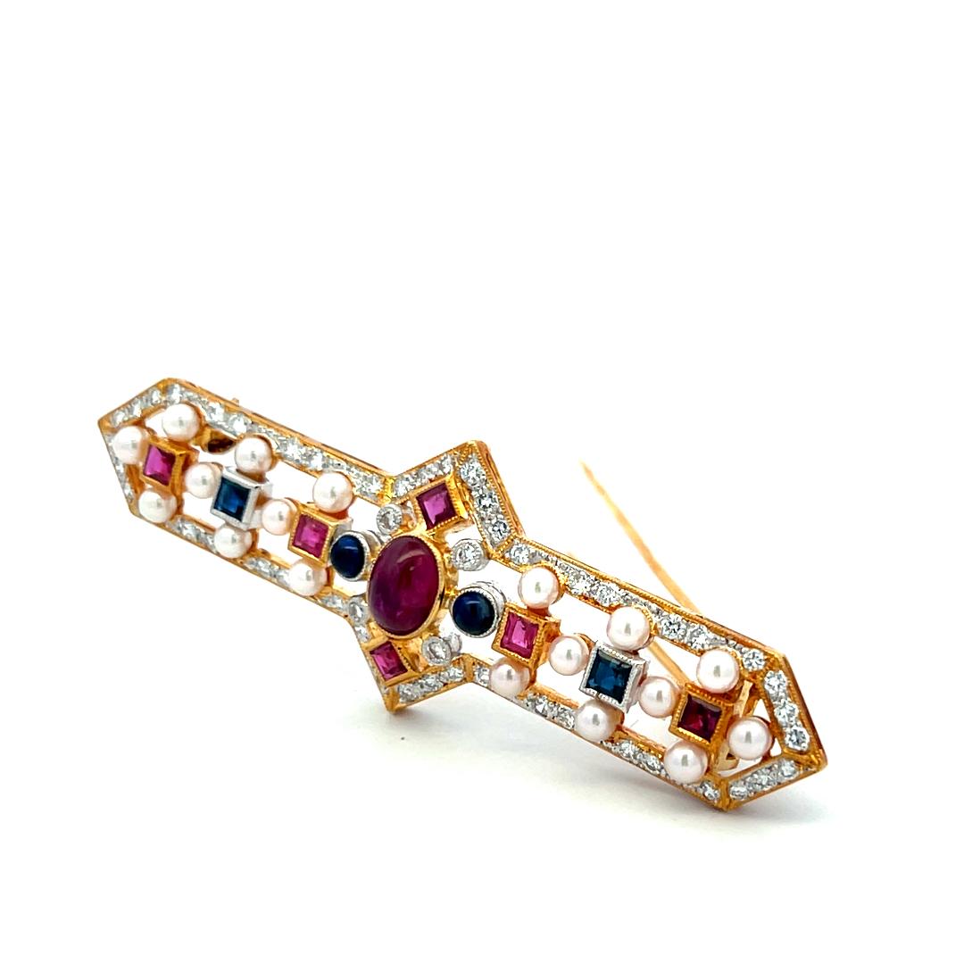 Ruby Sapphire & Diamond 18K Yellow Gold Vintage Pin Brooch 1.04ct Diamond