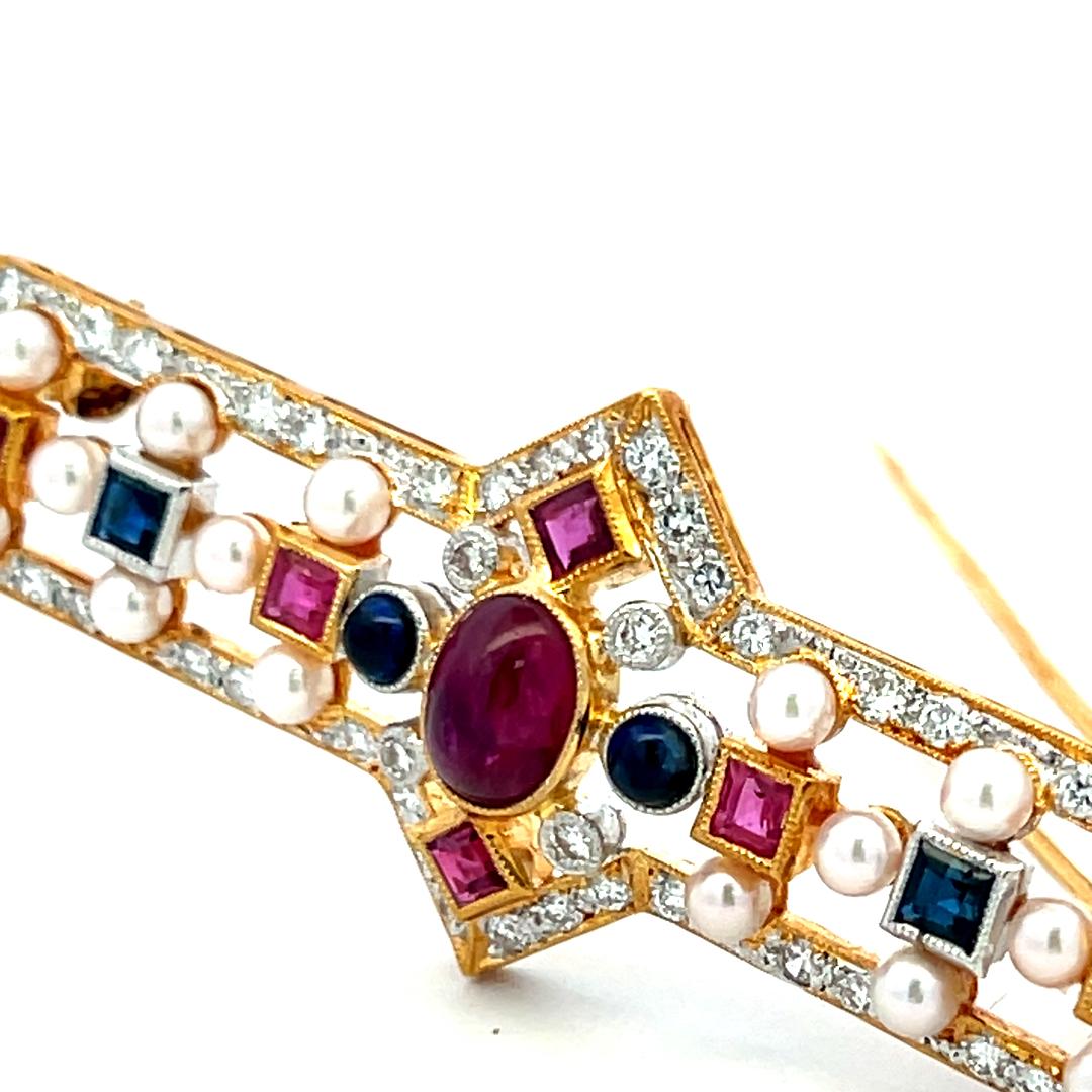 Ruby Sapphire & Diamond 18K Yellow Gold Vintage Pin Brooch 1.04ct Diamond