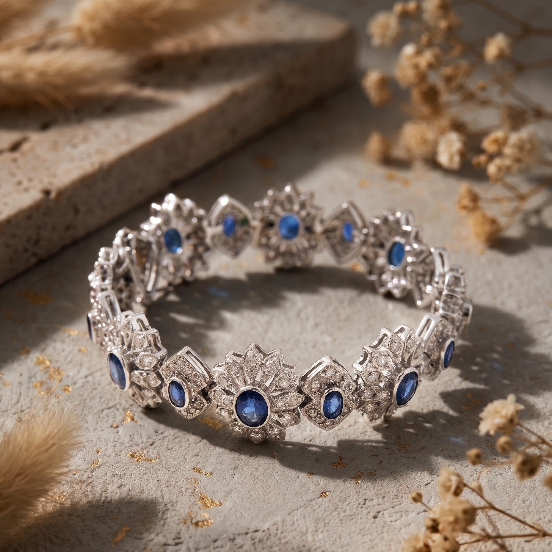 14K White Gold Link Bracelet with 4.8 Carat Round Diamonds & 7.6 Carat Sapphire