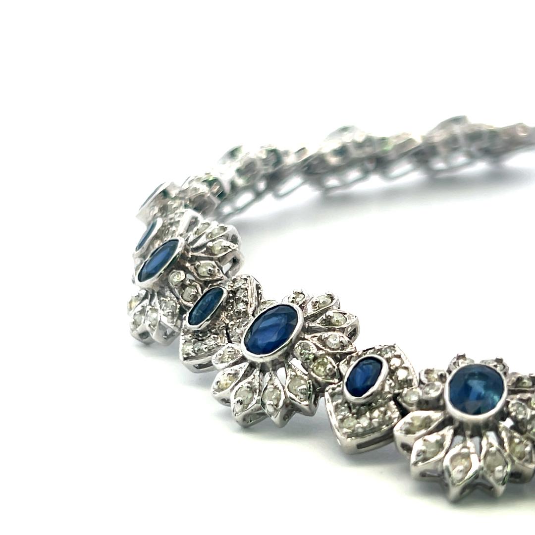 14K White Gold Link Bracelet with 4.8 Carat Round Diamonds & 7.6 Carat Sapphire
