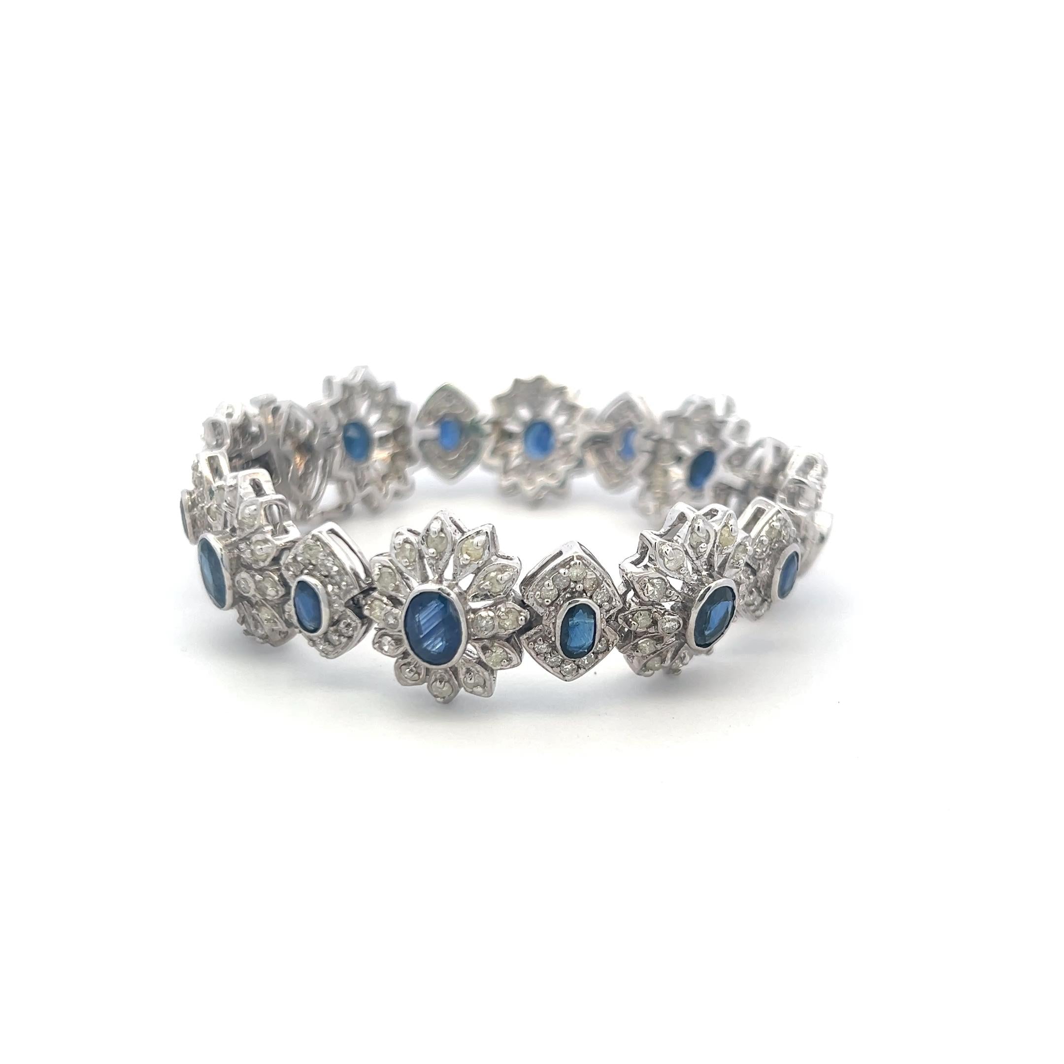 14K White Gold Link Bracelet with 4.8 Carat Round Diamonds & 7.6 Carat Sapphire