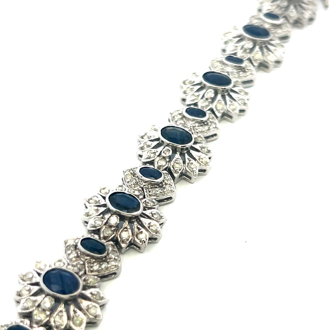 14K White Gold Link Bracelet with 4.8 Carat Round Diamonds & 7.6 Carat Sapphire