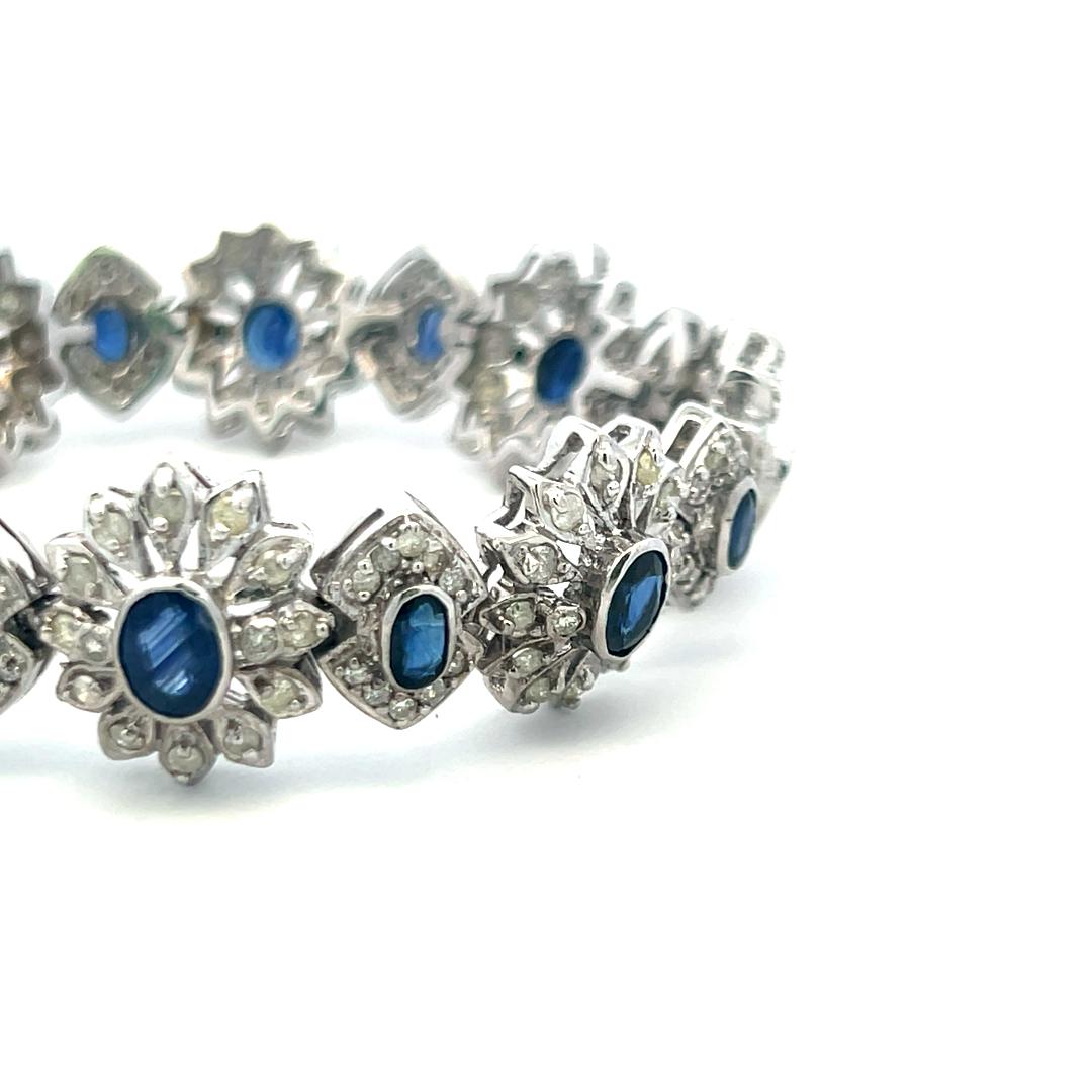 14K White Gold Link Bracelet with 4.8 Carat Round Diamonds & 7.6 Carat Sapphire