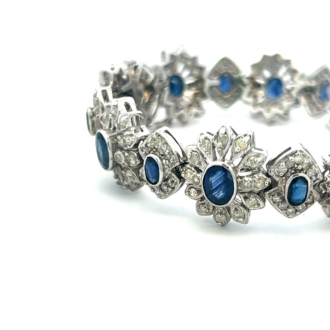 14K White Gold Link Bracelet with 4.8 Carat Round Diamonds & 7.6 Carat Sapphire