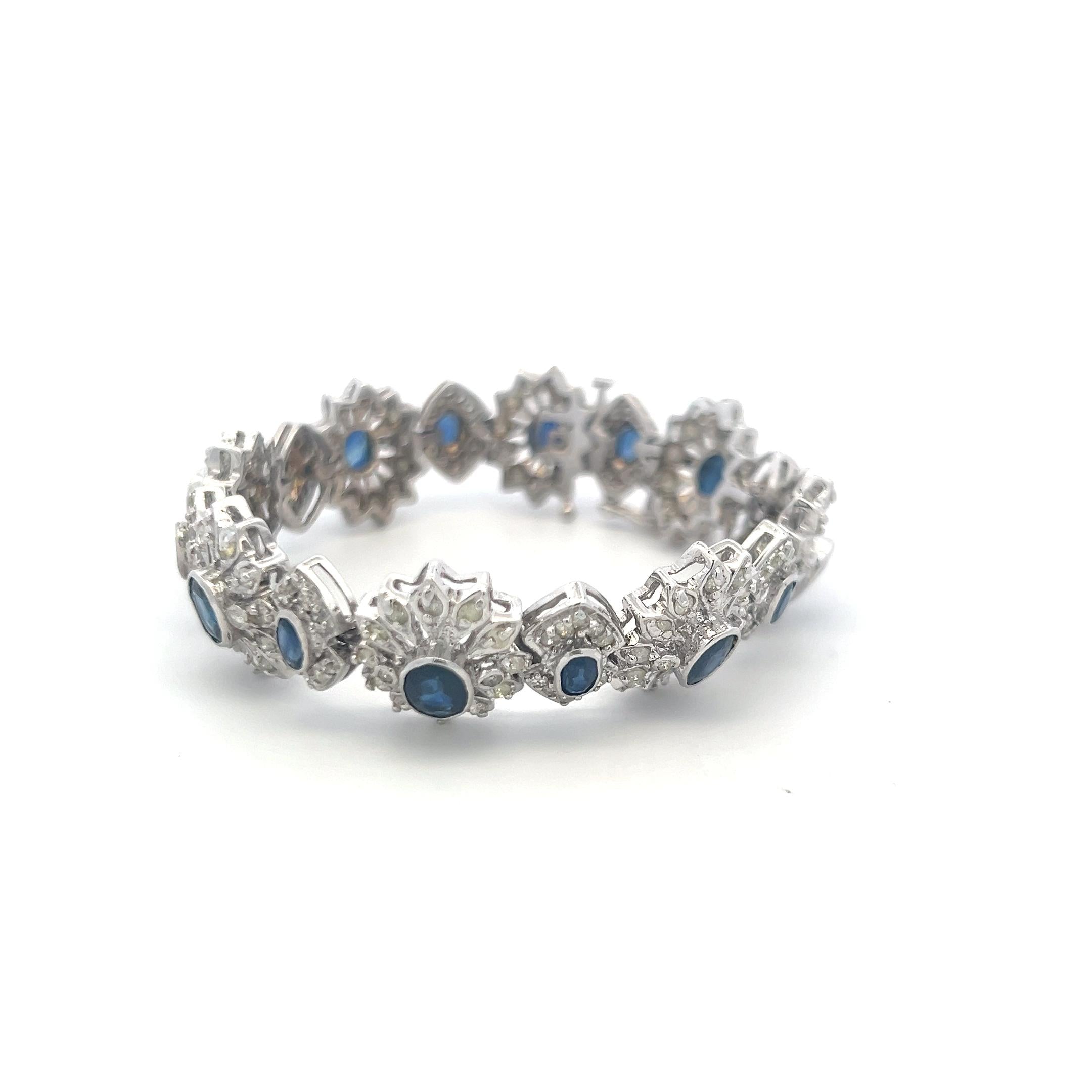 14K White Gold Link Bracelet with 4.8 Carat Round Diamonds & 7.6 Carat Sapphire