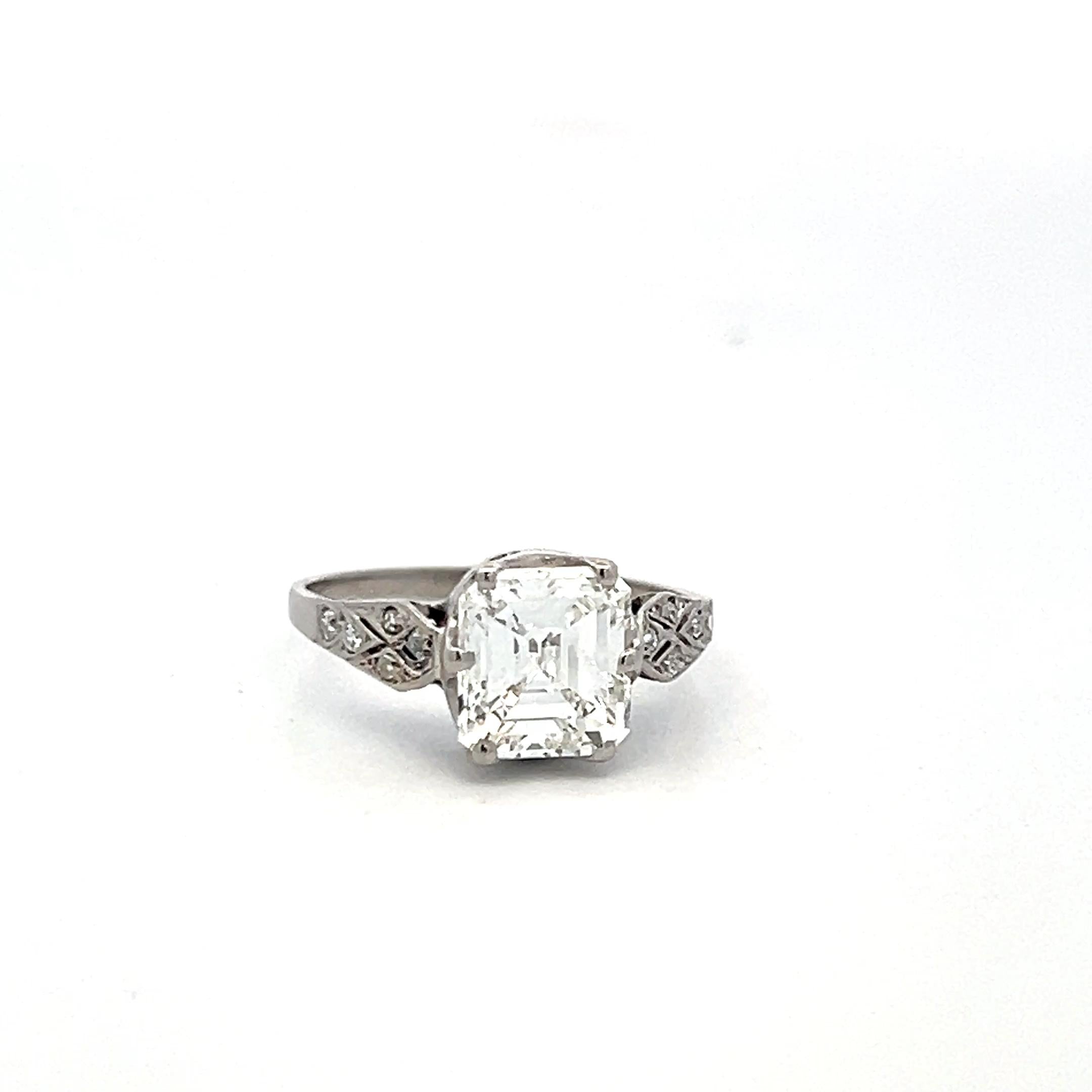 2.01 Carat Emerald Cut F SI1 Diamond Platinum Vintage Engagement Ring GIA