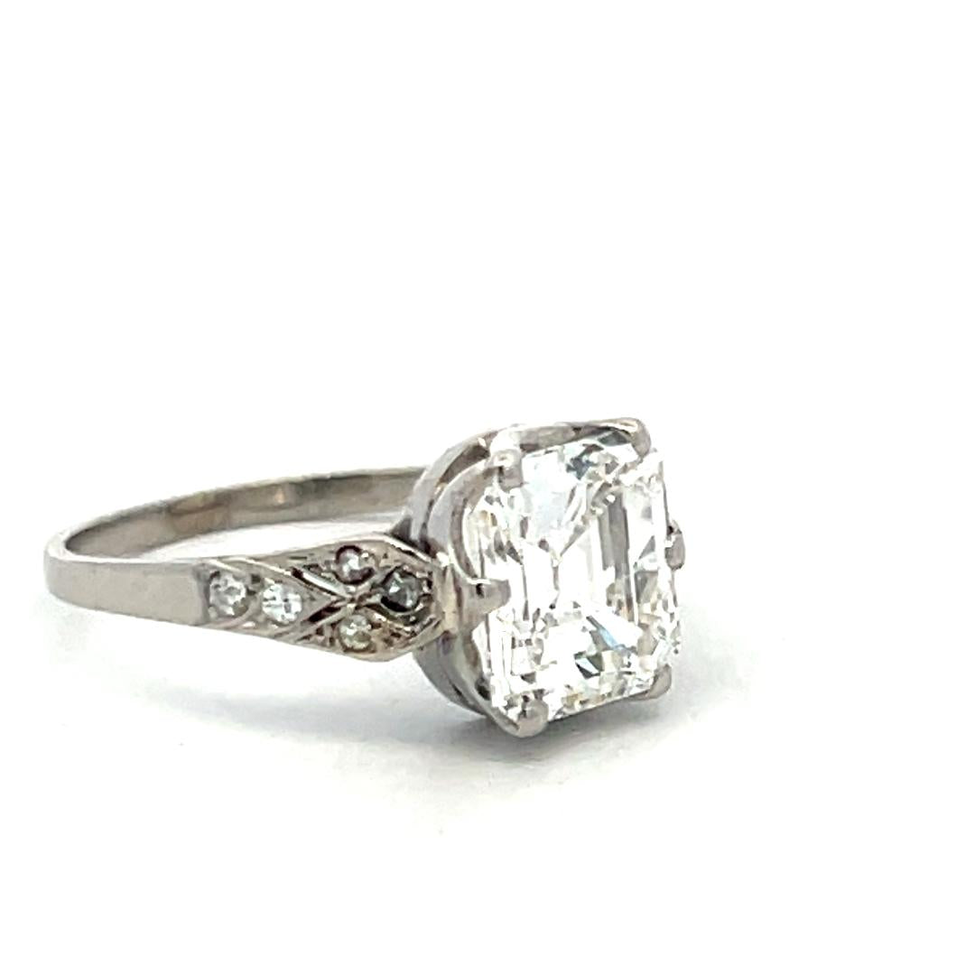 2.01 Carat Emerald Cut F SI1 Diamond Platinum Vintage Engagement Ring GIA