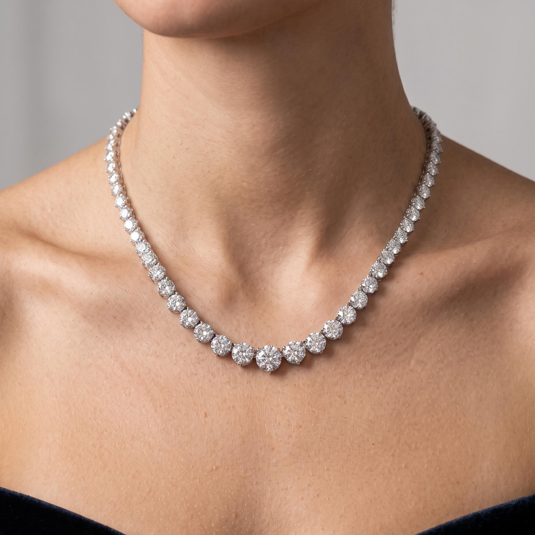 Vintage 18K White Gold Riviera Necklace with 21.09 Carat Round G SI Diamonds