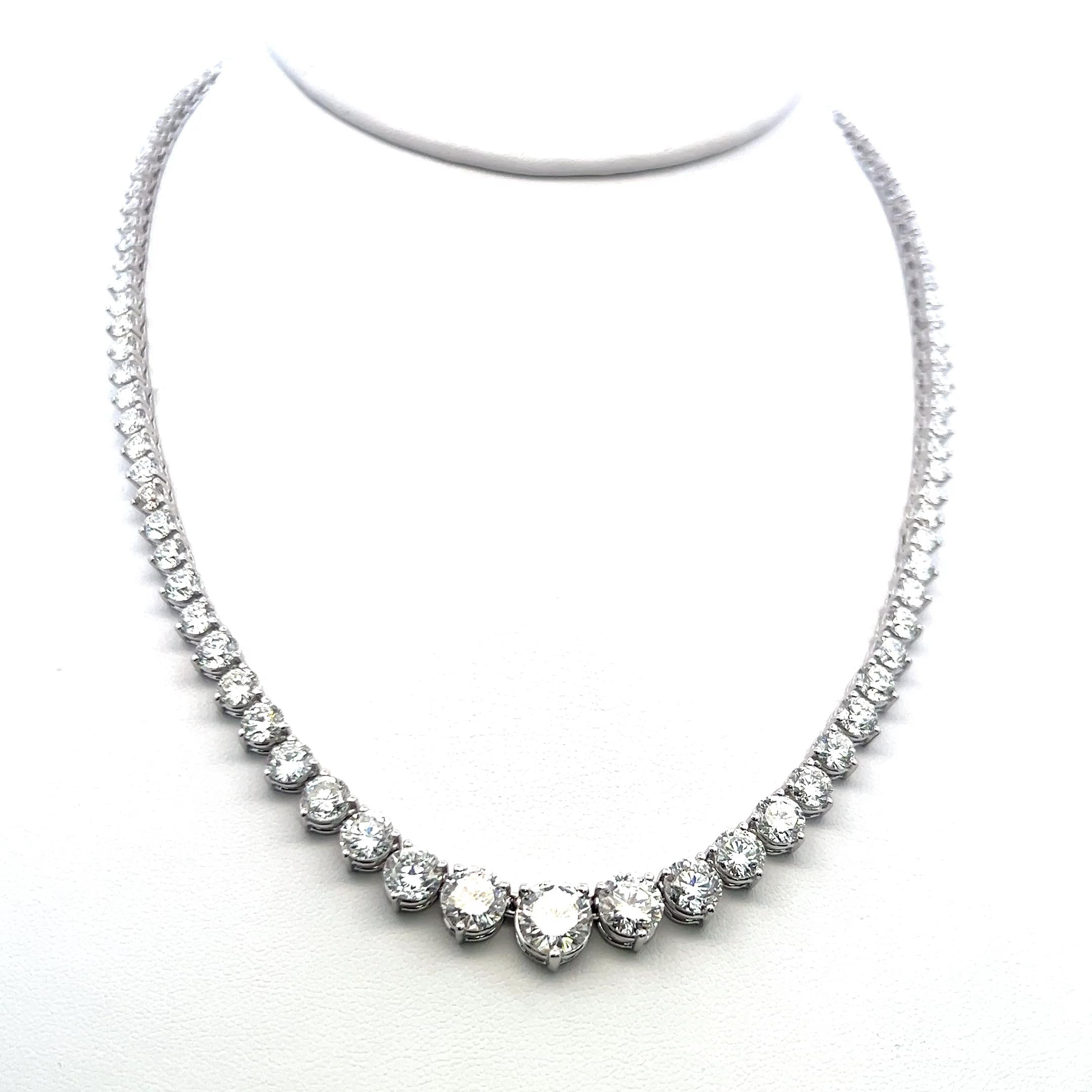18 Karat White Gold Riviera Necklace 21.09 Carat Round Brilliant G-SI Diamonds