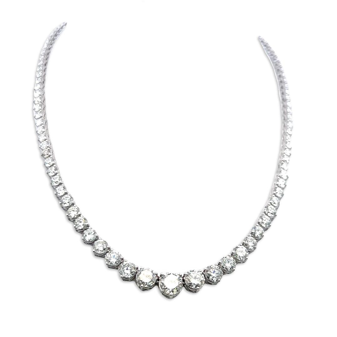 Vintage 18K White Gold Riviera Necklace with 21.09 Carat Round G SI Diamonds