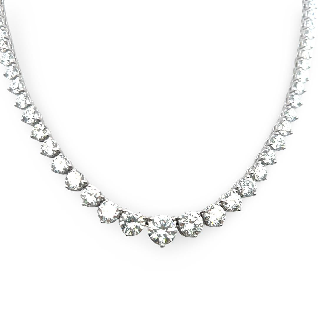 Vintage 18K White Gold Riviera Necklace with 21.09 Carat Round G SI Diamonds