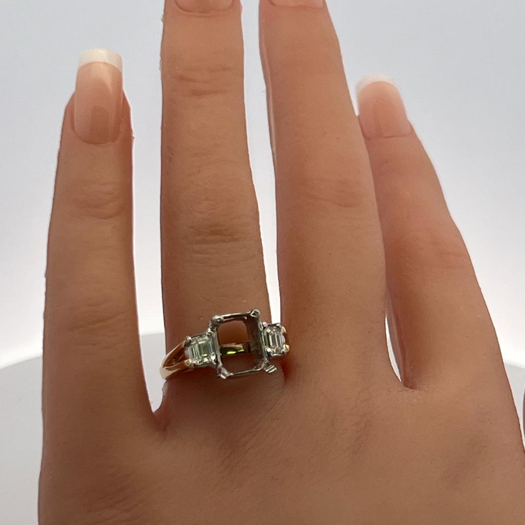 0.62 ct Diamond Two-Tone Gold Semi Mount Ring for 3.8+ ct Emerald Cut Stones