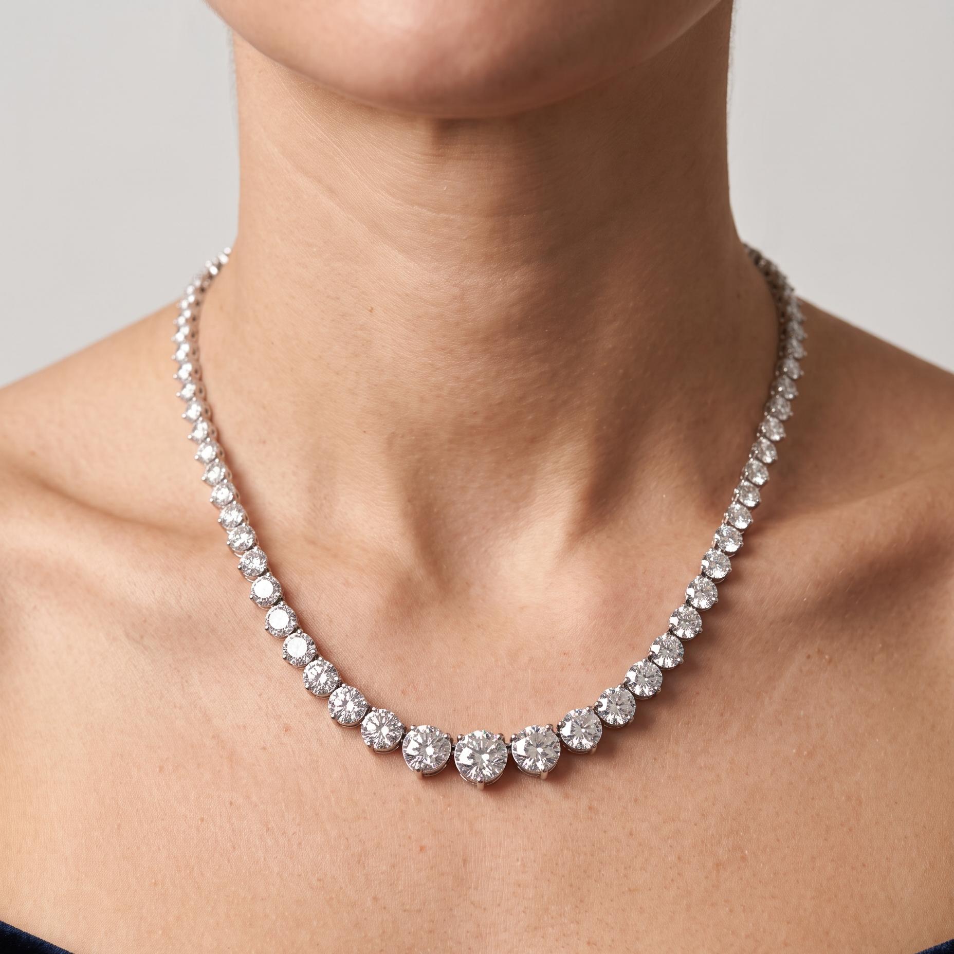 Vintage 18K White Gold Riviera Necklace with 25.90 Carat Round Diamonds GIA