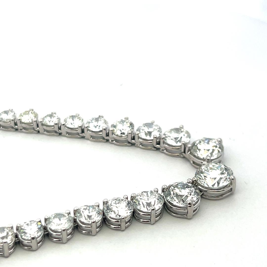 Vintage 18K White Gold Riviera Necklace with 25.90 Carat Round Diamonds GIA