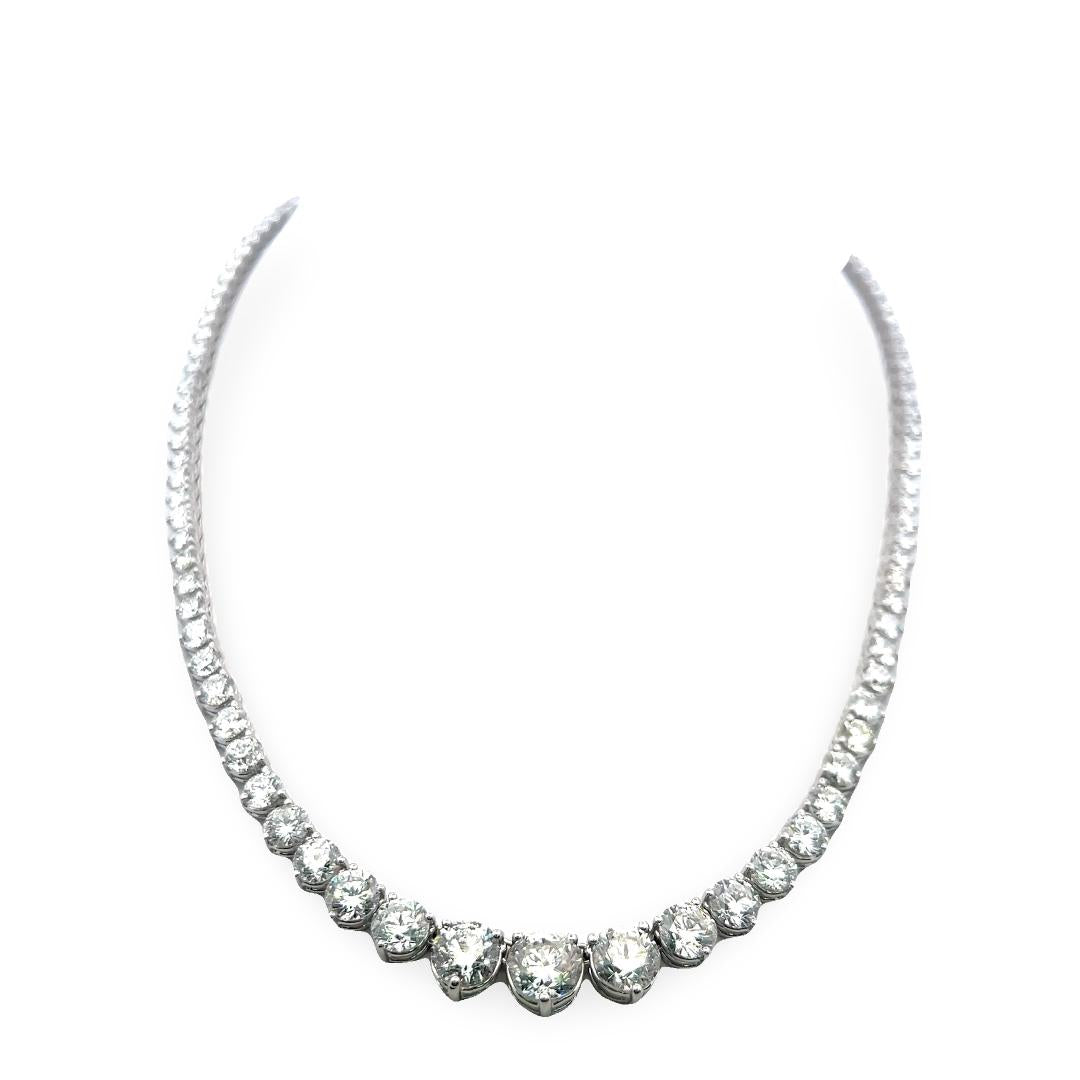 Vintage 18K White Gold Riviera Necklace with 25.90 Carat Round Diamonds GIA