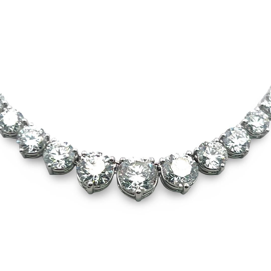 Vintage 18K White Gold Riviera Necklace with 25.90 Carat Round Diamonds GIA