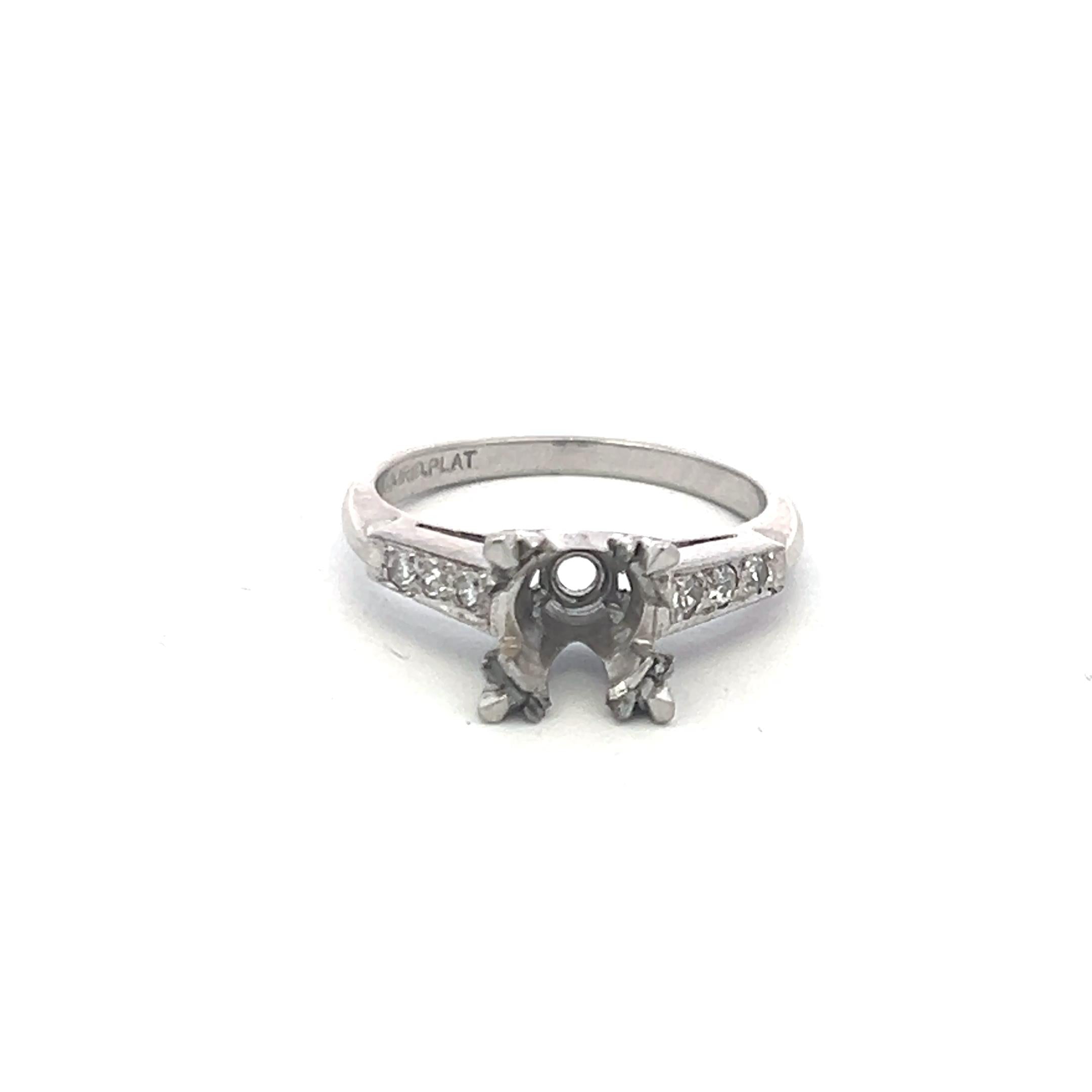 Vintage Platinum Semi-Mount Ring with Diamond Accents fits 1 ct plus stone