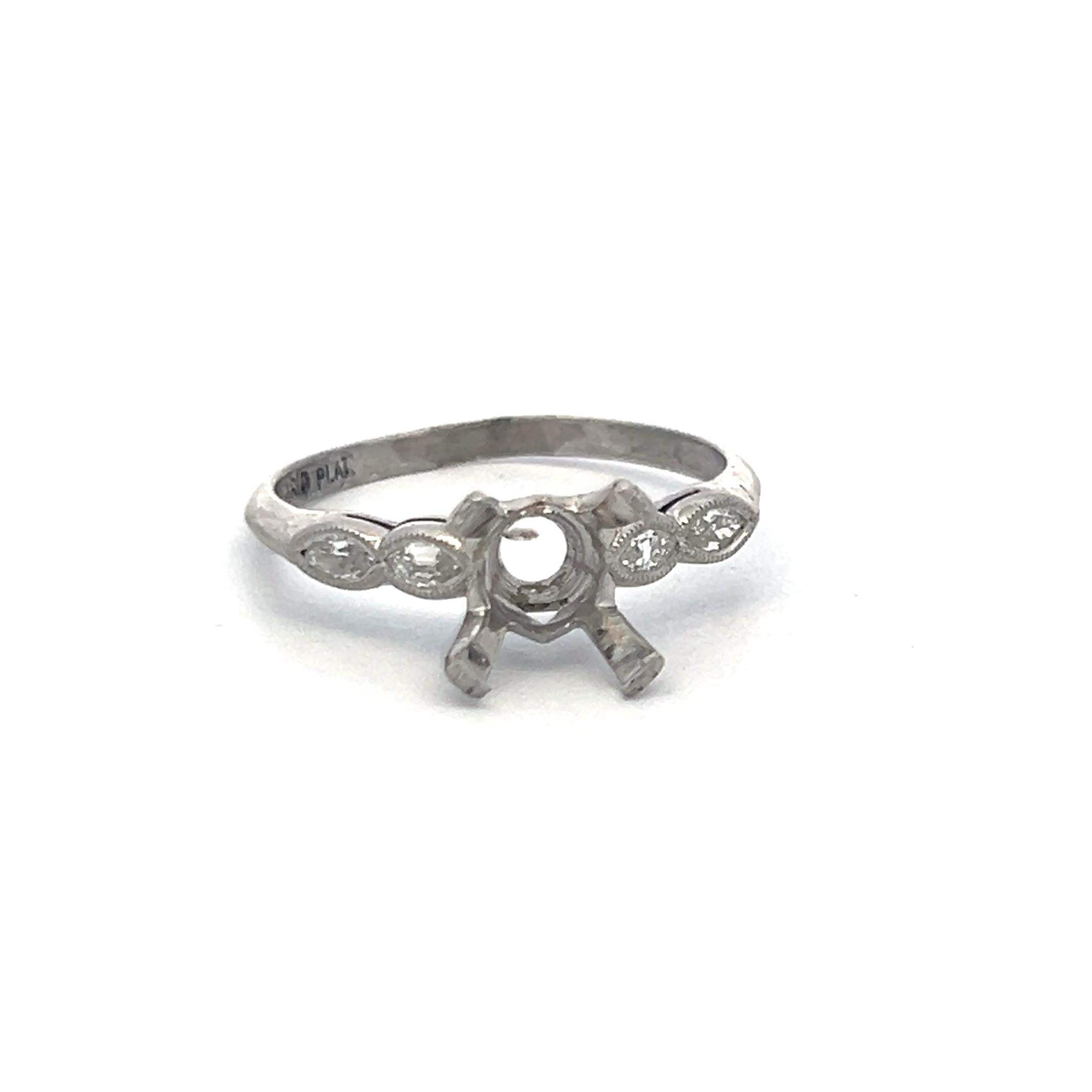 Vintage Platinum Semi Mount Ring, Fits 8.4*8.3mm, 0.2ct Marquis, Size 8