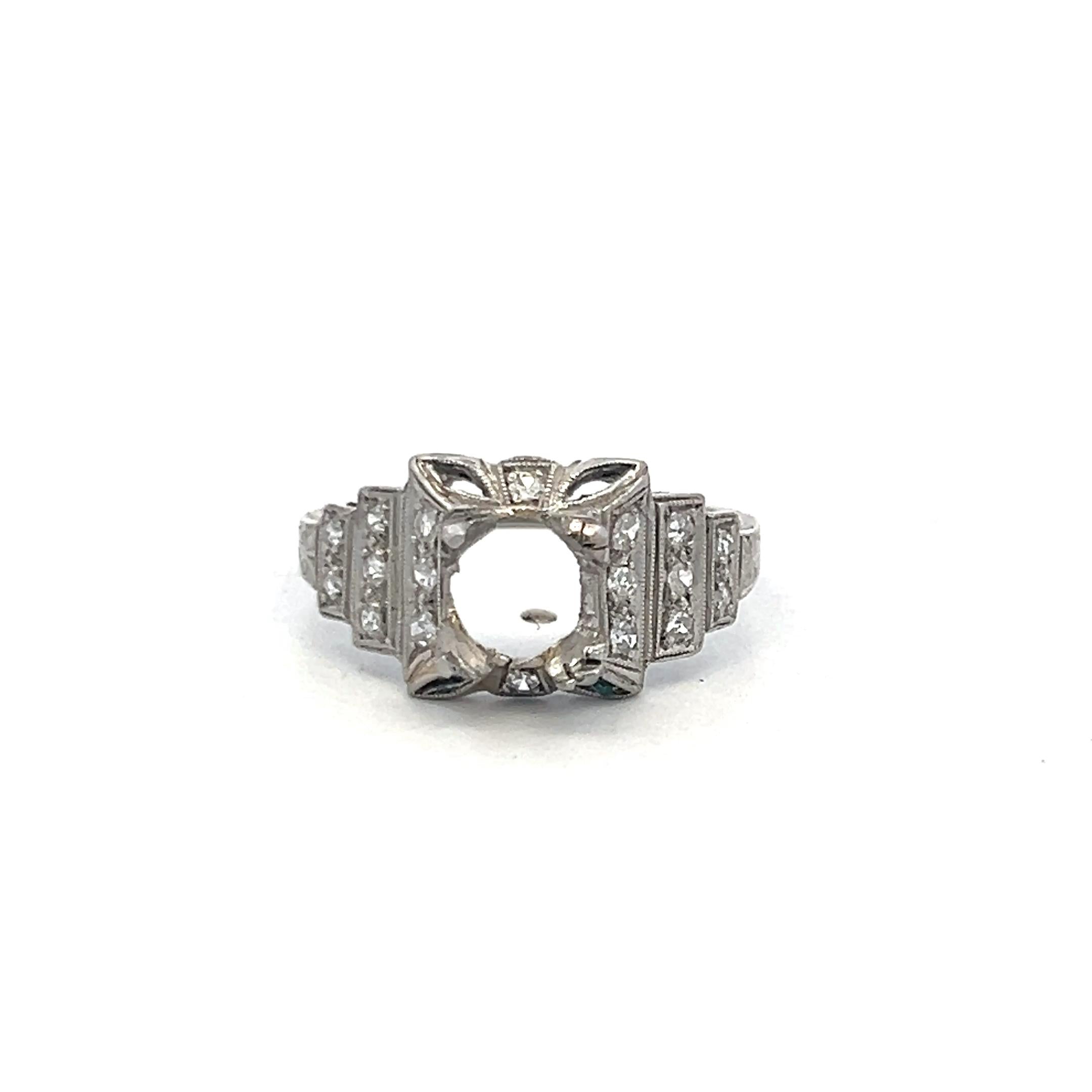 Vintage Platinum Semi Mount Ring with I SI Diamonds, Fits 1.00ct Center