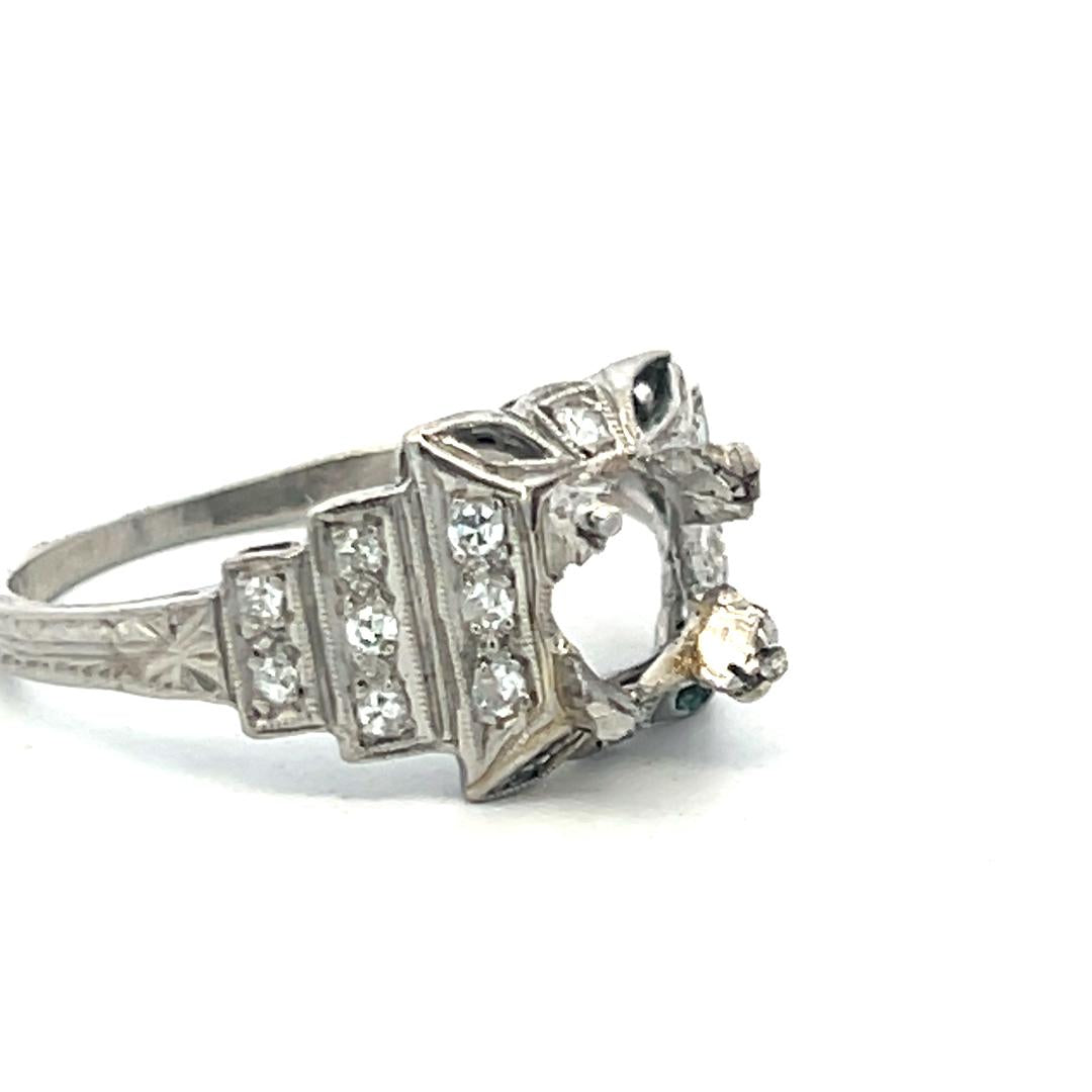 Vintage Platinum Semi Mount Ring with I SI Diamonds, Fits 1.00ct Center