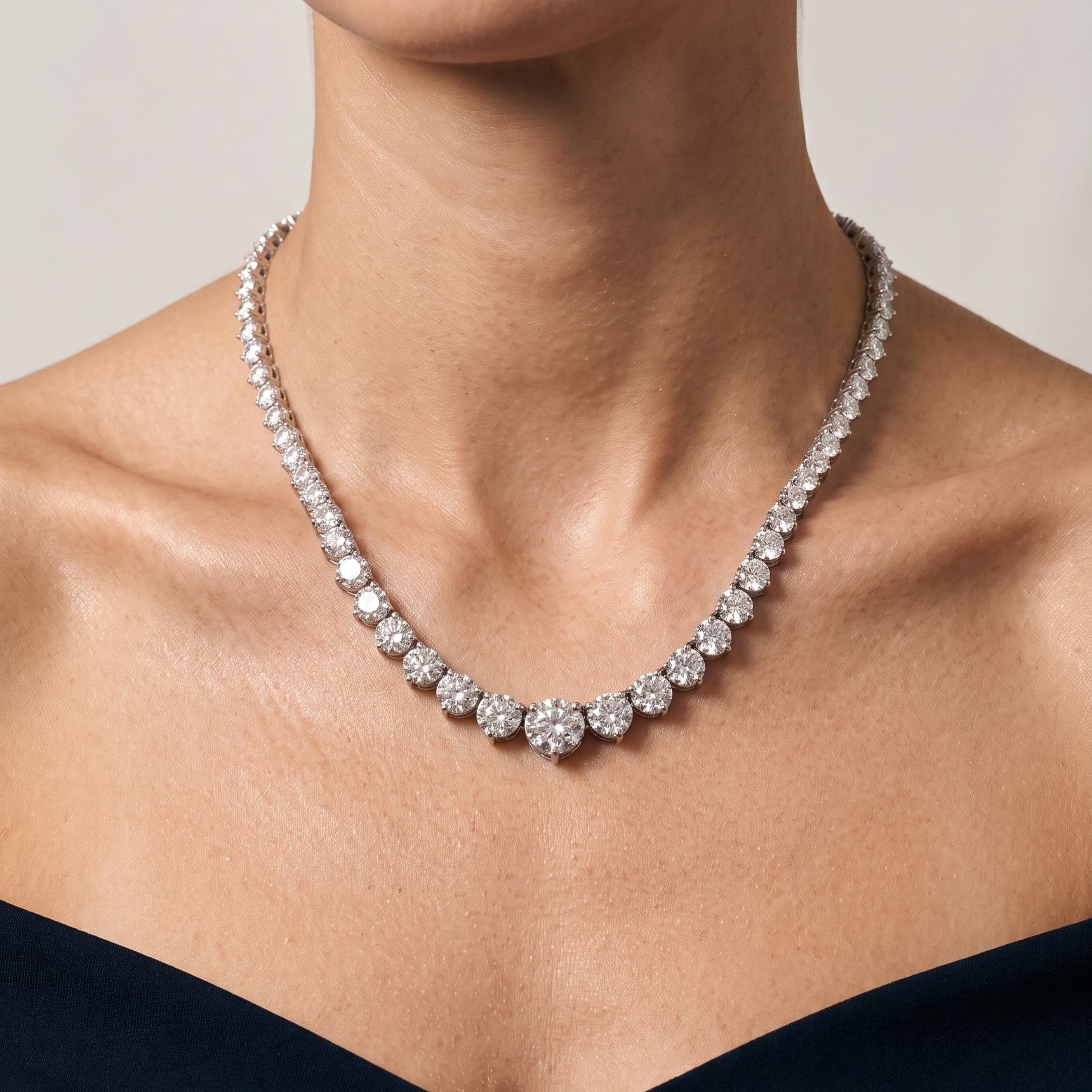 Vintage 18K White Gold Riviera Necklace with 25.80 Carat Round F/VS Diamonds