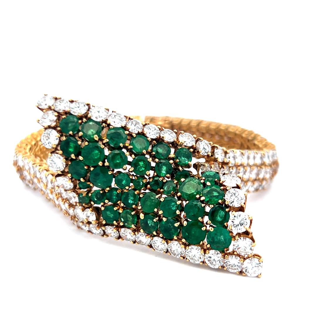 Vintage 18K YG Bracelet and Earrings Set with 27.7 Ct. Diamond, 11 Ct. Emerald