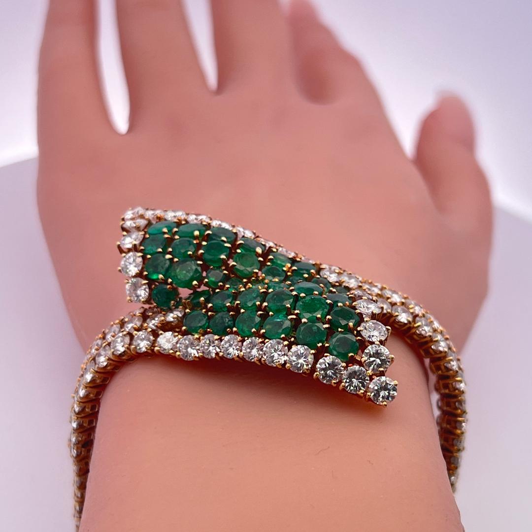 Vintage 18K YG Bracelet and Earrings Set with 27.7 Ct. Diamond, 11 Ct. Emerald