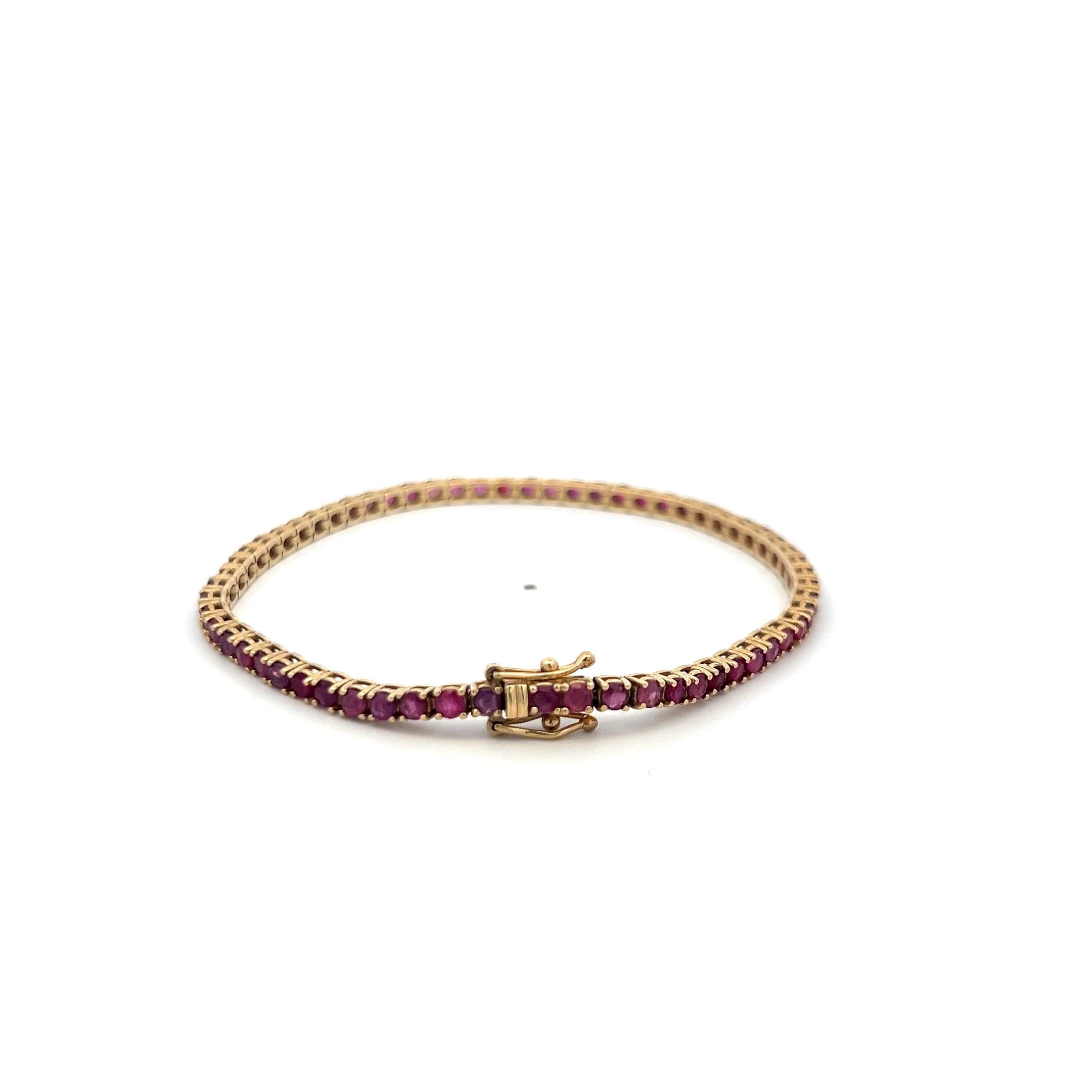 Vintage 14K Yellow Gold Tennis Bracelet with 3.1 Carat Round Ruby 7 inch long