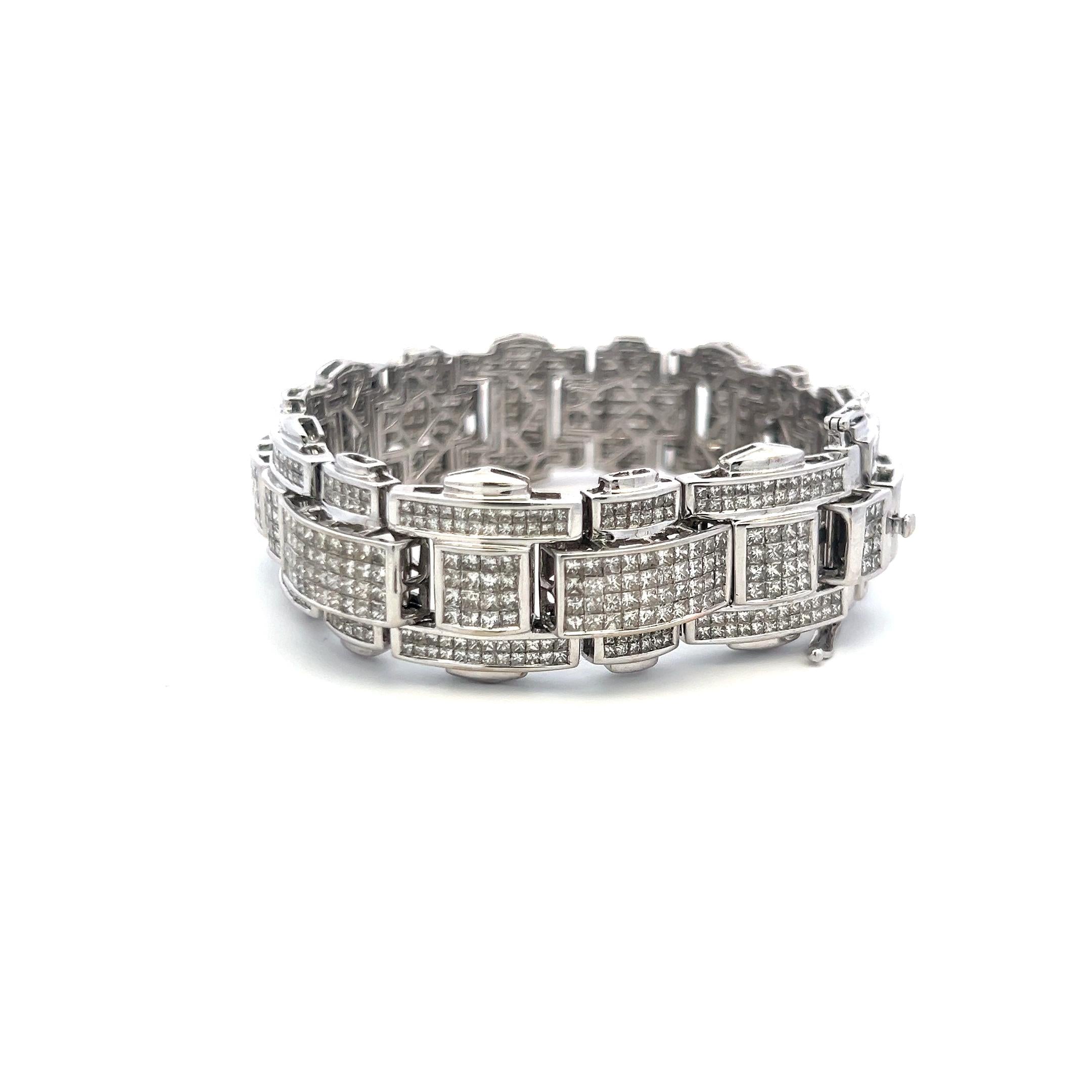 43.80 Carat Princess Cut Diamond Link Bracelet 14K White Gold Vintage Estate