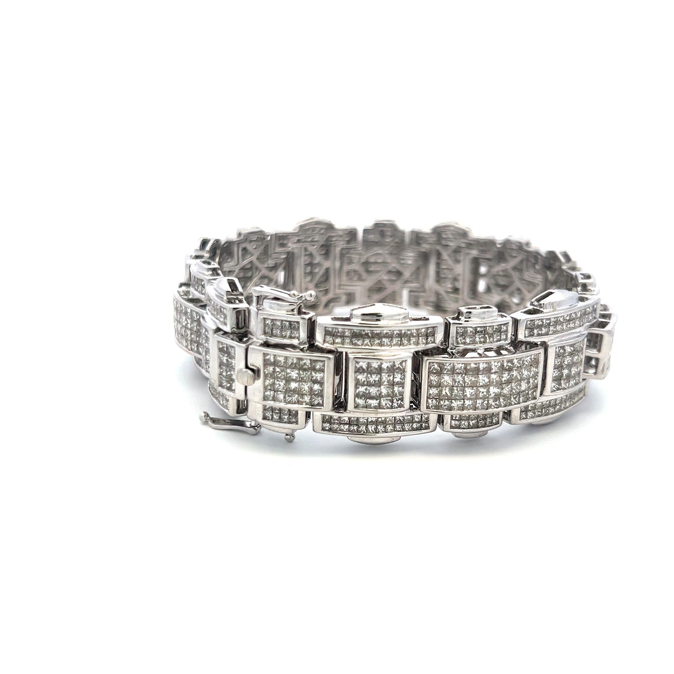43.80 Carat Princess Cut Diamond Link Bracelet 14K White Gold Vintage Estate
