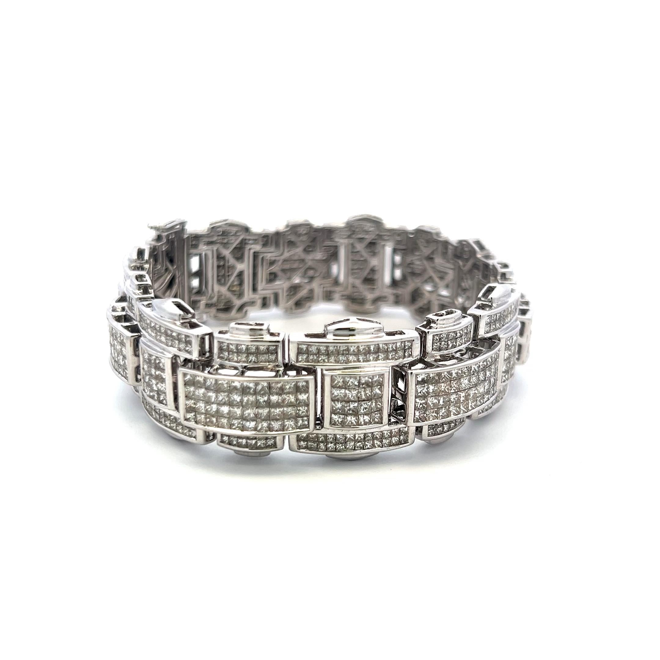 43.80 Carat Princess Cut Diamond Link Bracelet 14K White Gold Vintage Estate