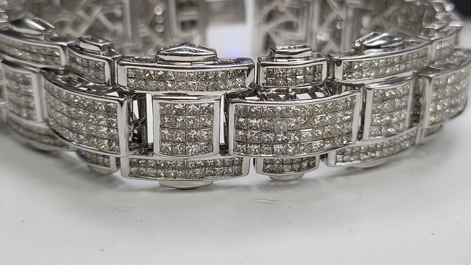 43.80 Carat Princess Cut Diamond Link Bracelet 14K White Gold Vintage Estate