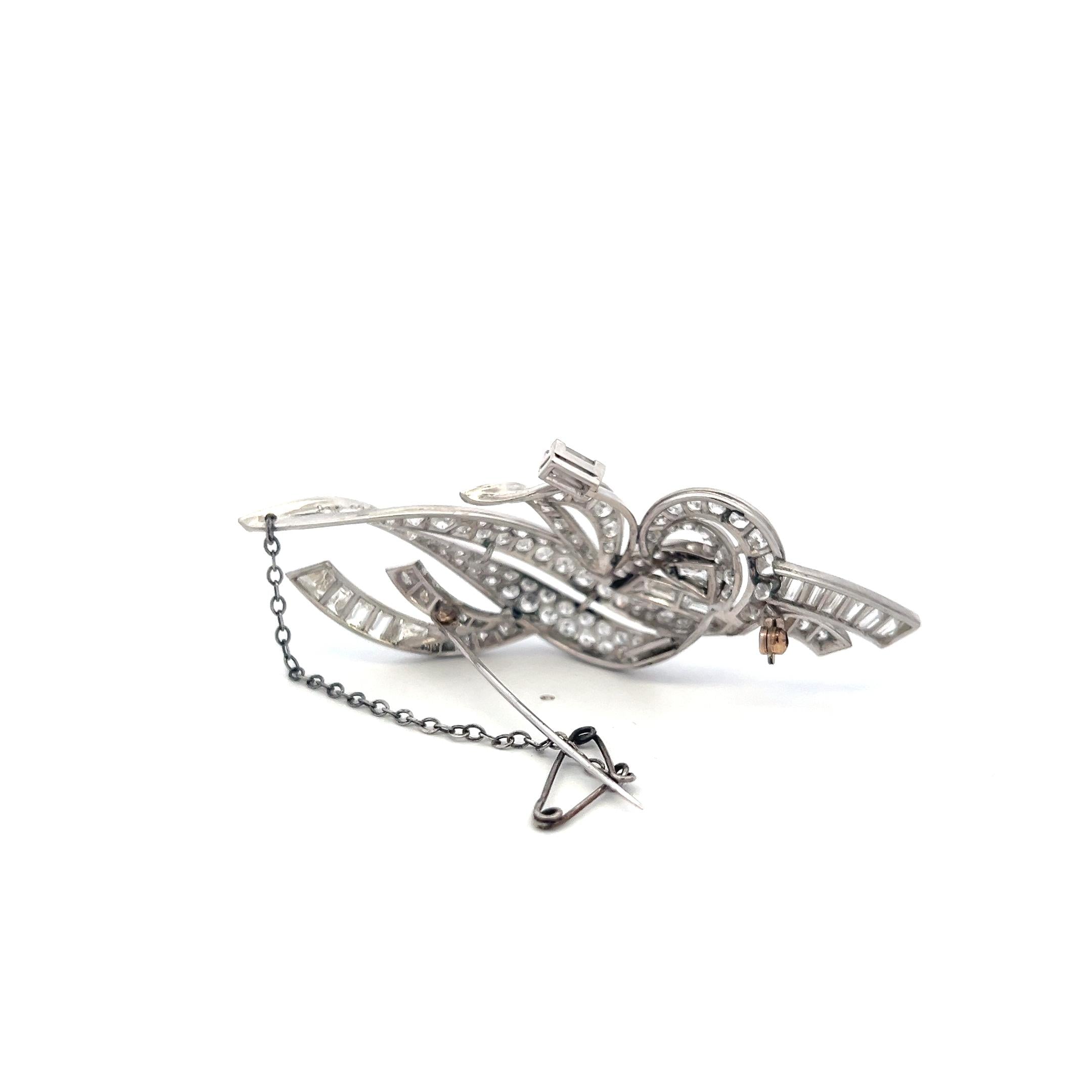Estate 18K White Gold Pin Brooch with 8 Carat Round & Baguette Shape Diamonds