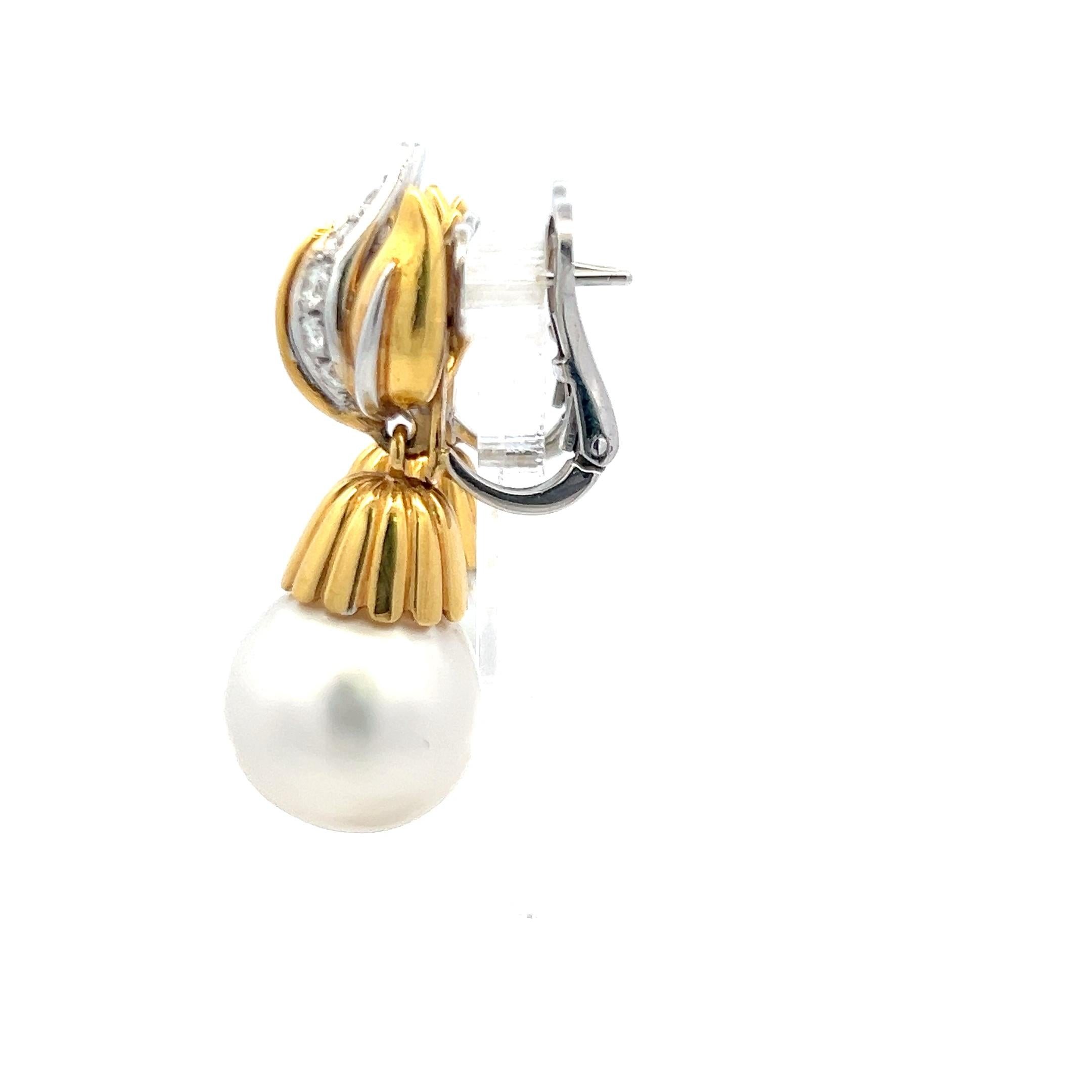 Vintage 18K Gold Drop Earrings with 1 Carat Round Diamonds & South Sea Pearls