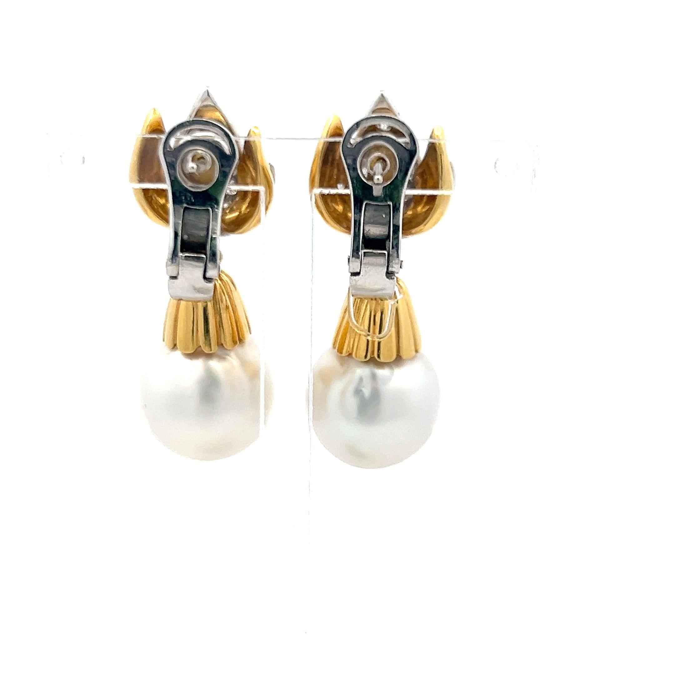 Vintage 18K Gold Drop Earrings with 1 Carat Round Diamonds & South Sea Pearls