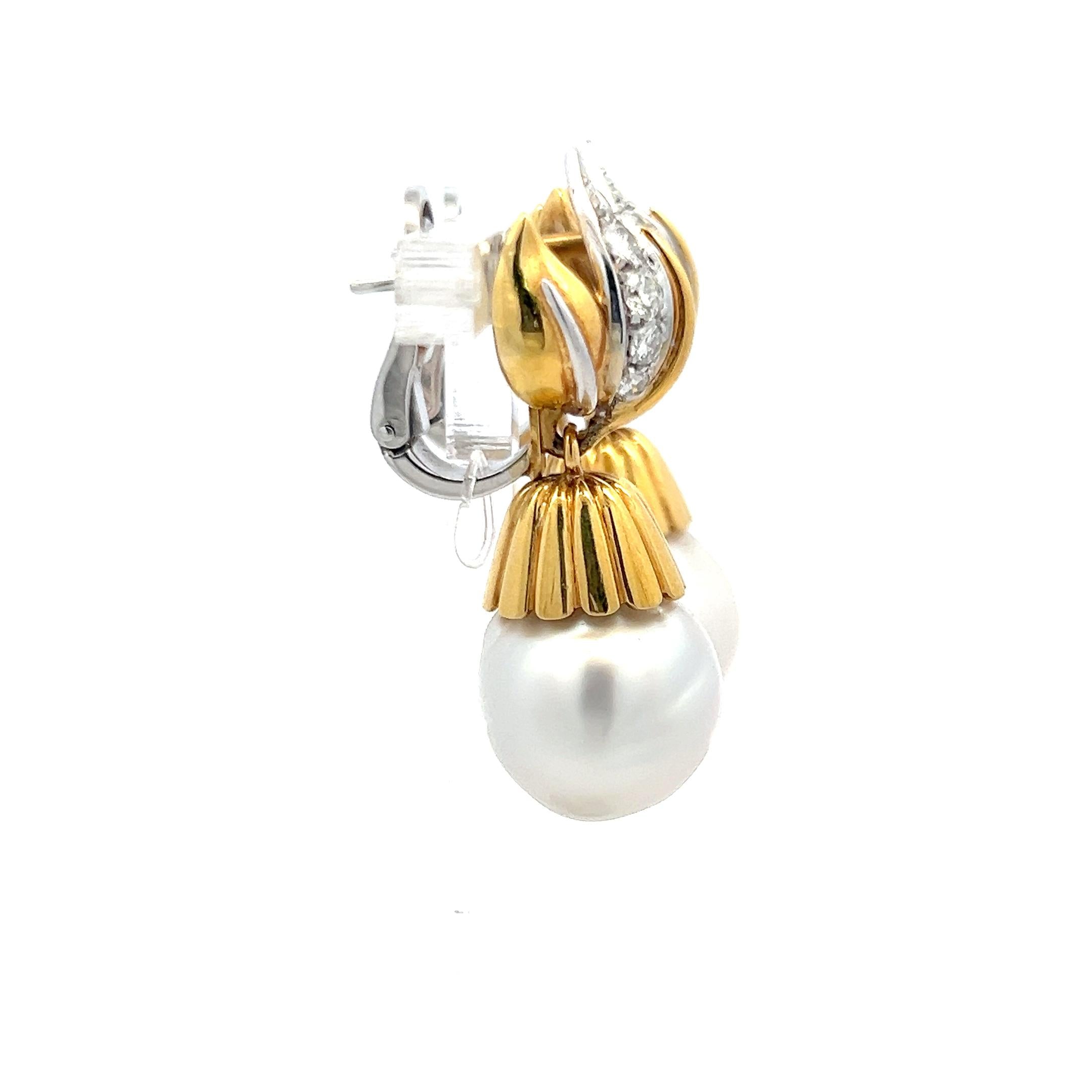 Vintage 18K Gold Drop Earrings with 1 Carat Round Diamonds & South Sea Pearls