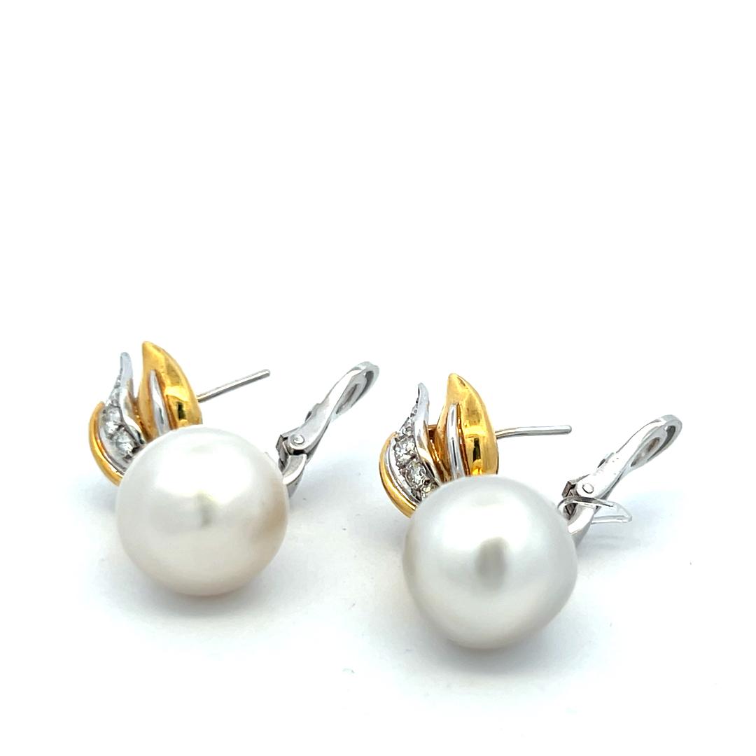 Vintage 18K Gold Drop Earrings with 1 Carat Round Diamonds & South Sea Pearls