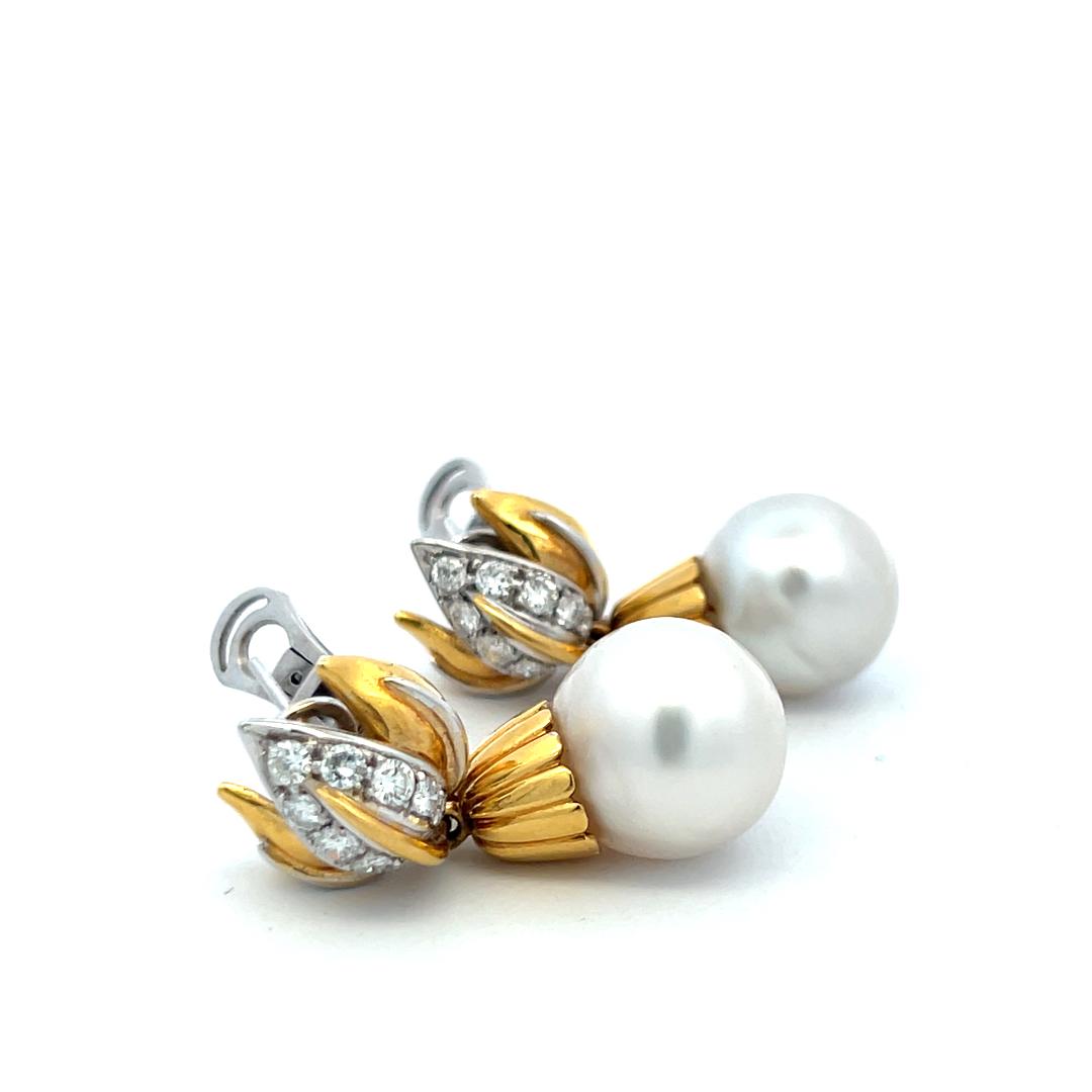 Vintage 18K Gold Drop Earrings with 1 Carat Round Diamonds & South Sea Pearls