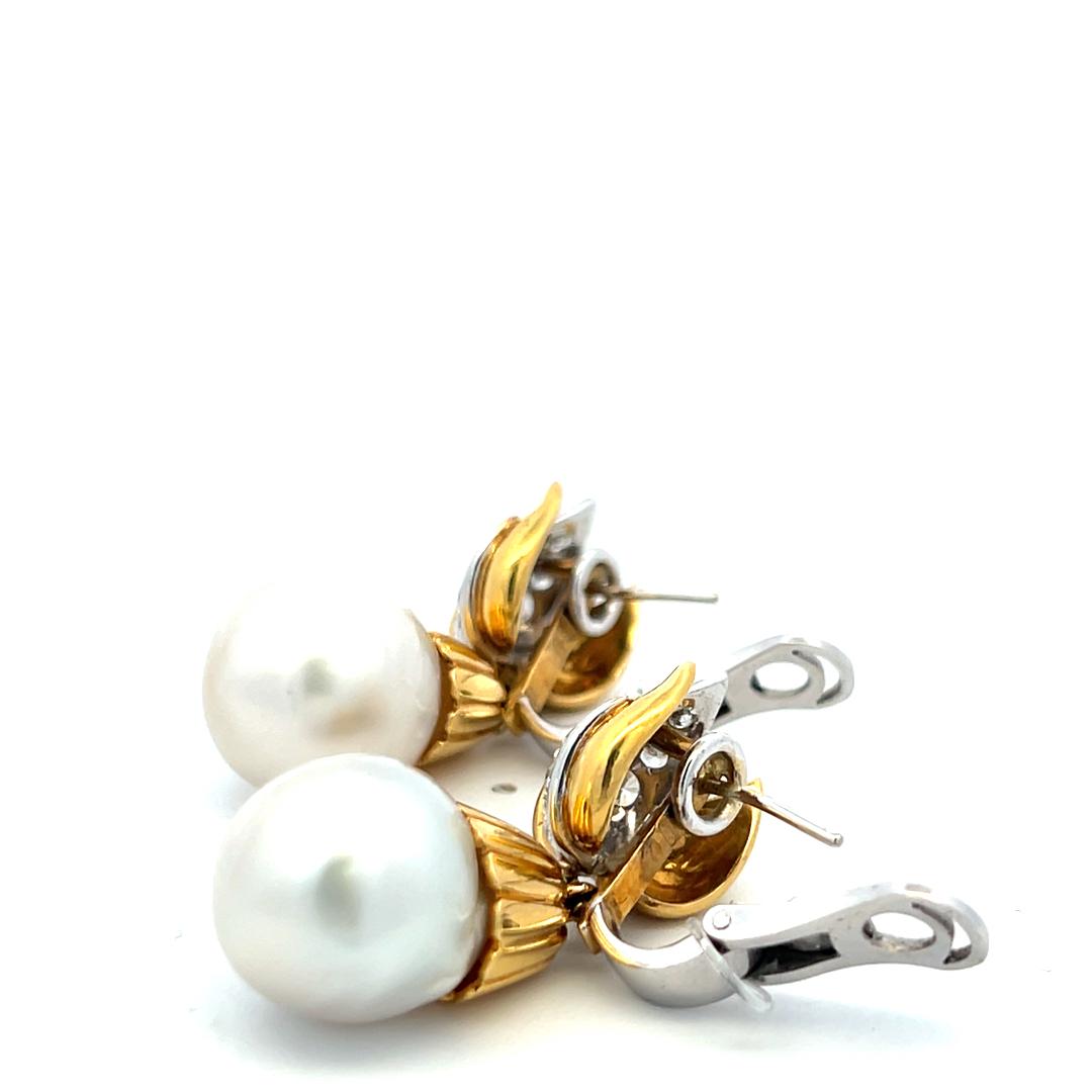 Vintage 18K Gold Drop Earrings with 1 Carat Round Diamonds & South Sea Pearls