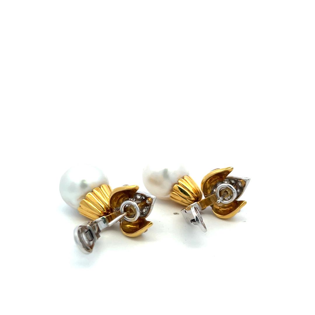 Vintage 18K Gold Drop Earrings with 1 Carat Round Diamonds & South Sea Pearls