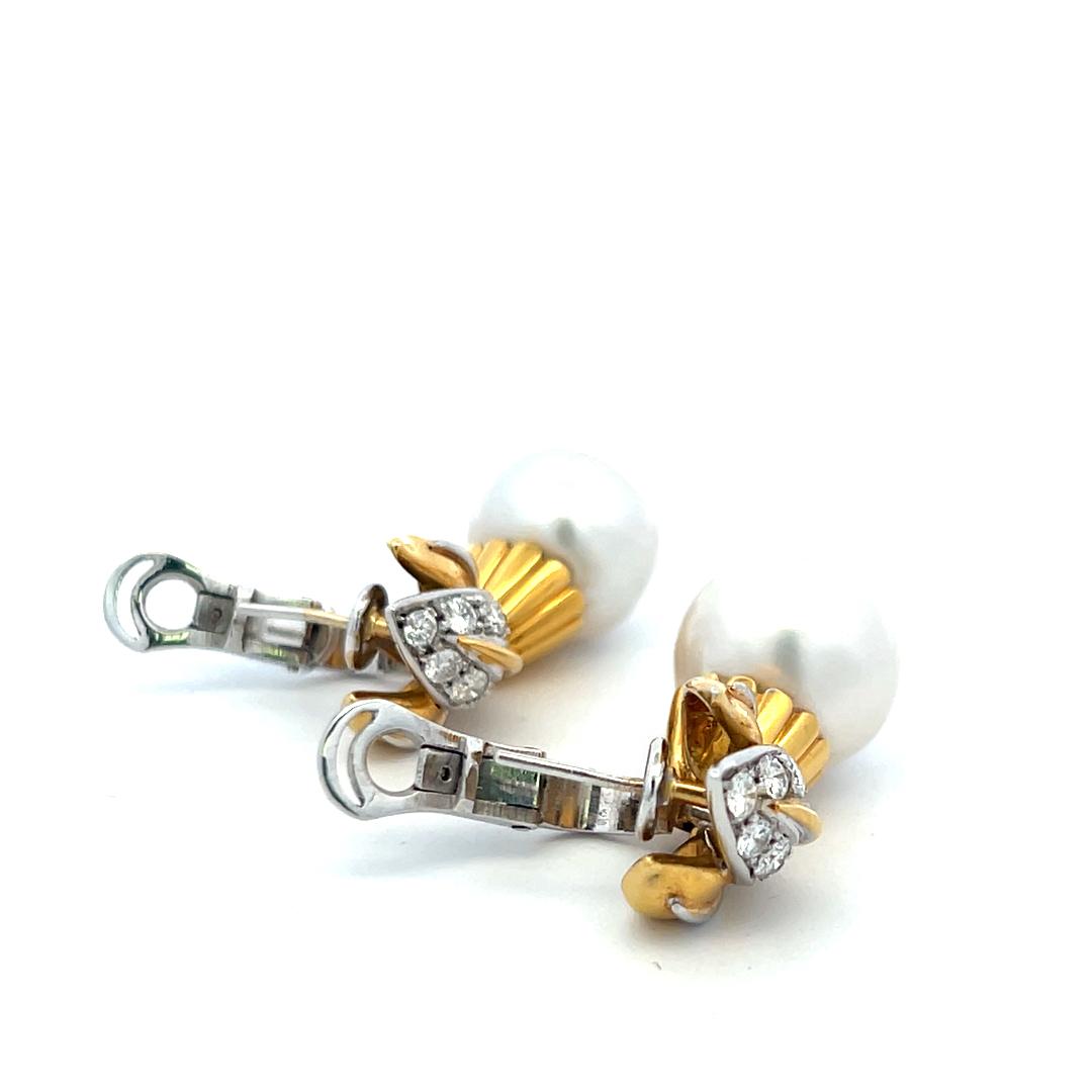 Vintage 18K Gold Drop Earrings with 1 Carat Round Diamonds & South Sea Pearls