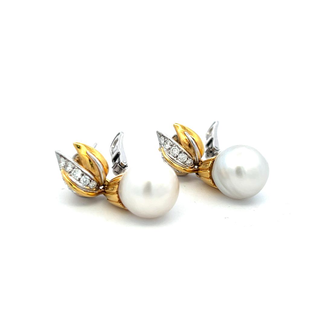 Vintage 18K Gold Drop Earrings with 1 Carat Round Diamonds & South Sea Pearls