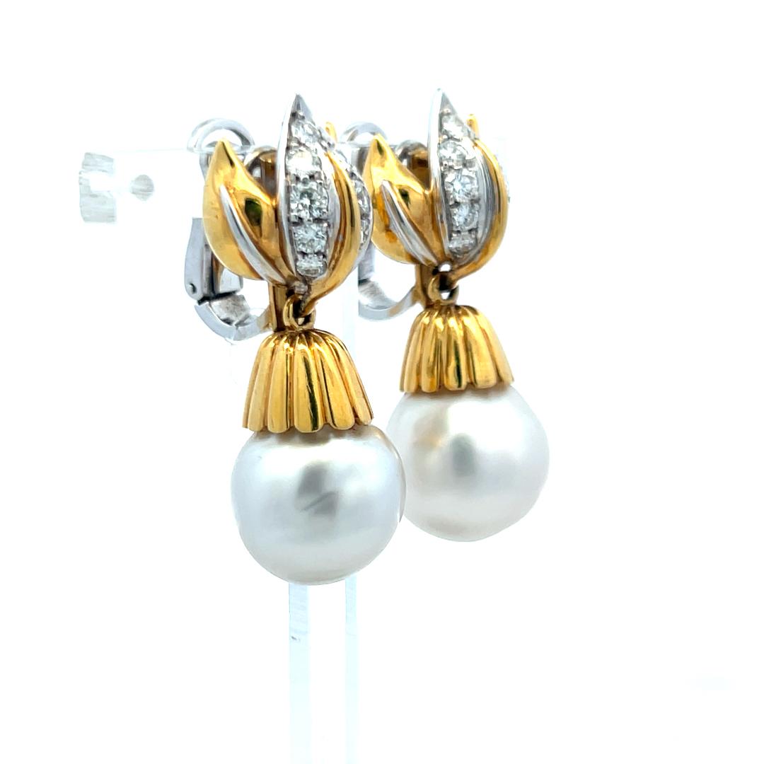 Vintage 18K Gold Drop Earrings with 1 Carat Round Diamonds & South Sea Pearls