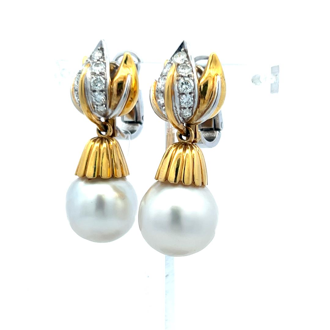 Vintage 18K Gold Drop Earrings with 1 Carat Round Diamonds & South Sea Pearls