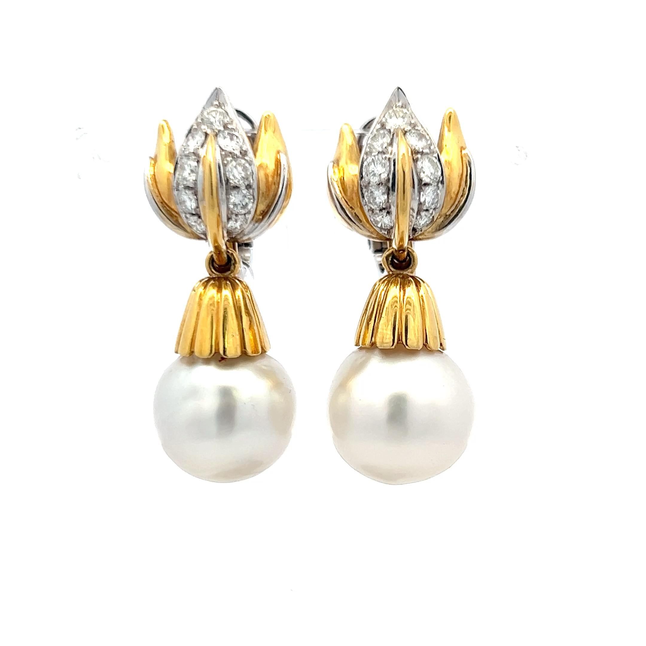 Vintage 18K Gold Drop Earrings with 1 Carat Round Diamonds & South Sea Pearls