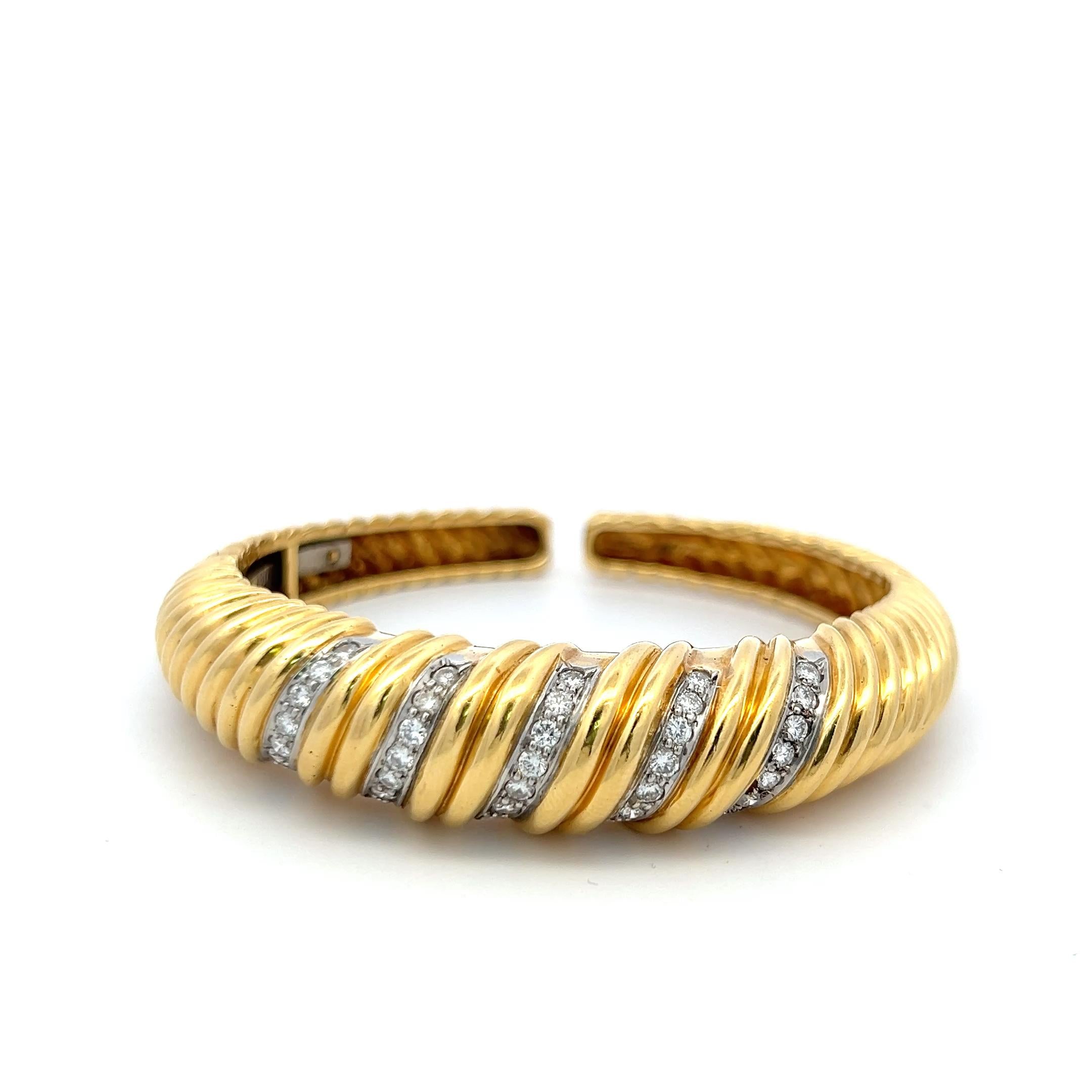 Vintage 18K Two Tone Gold Cuff Bracelet with 0.85 Carat Round G-VS Diamonds