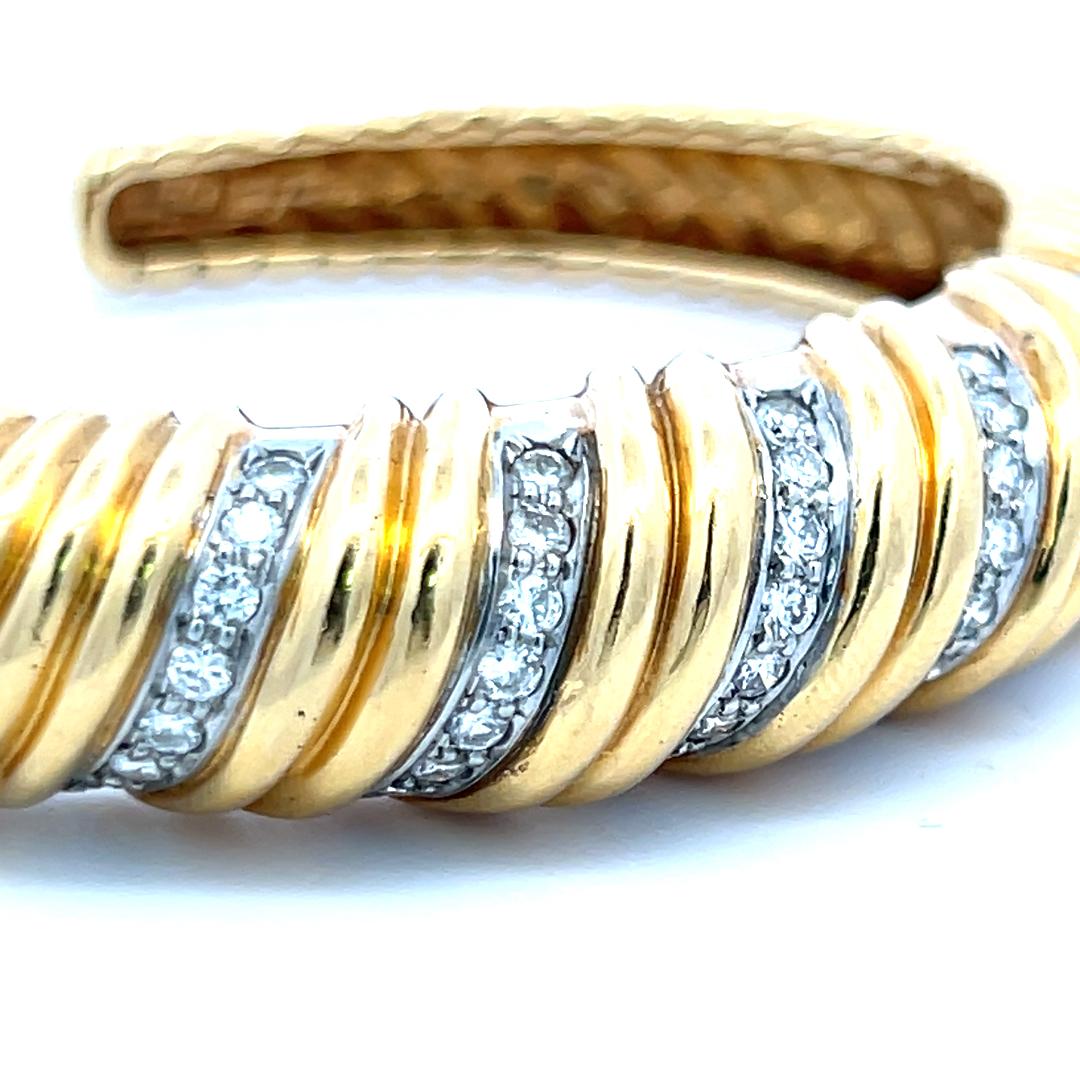 Vintage 18K Two Tone Gold Cuff Bracelet with 0.85 Carat Round G-VS Diamonds