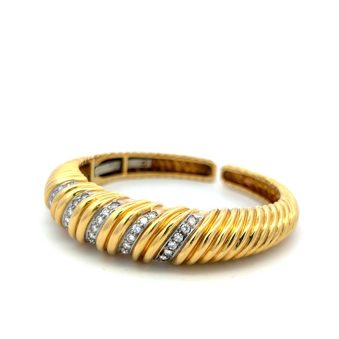 Vintage 18K Two Tone Gold Cuff Bracelet with 0.85 Carat Round G-VS Diamonds